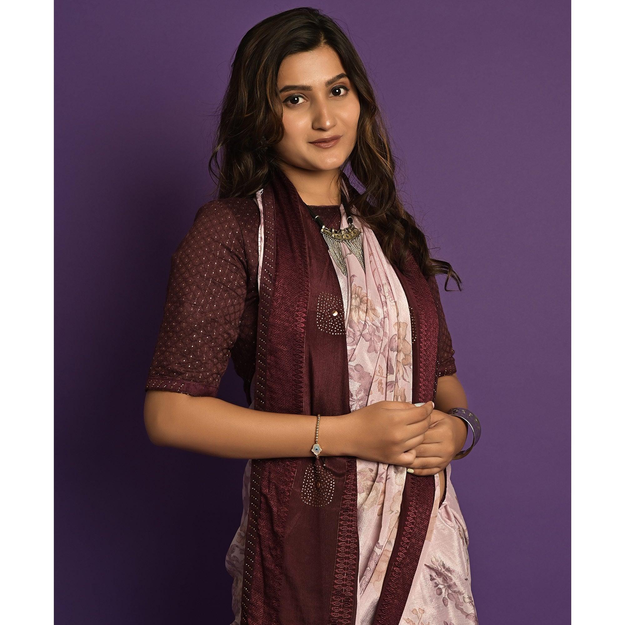 Peachmode Light Pink Printed-Embellished Chiffon Saree - view 4