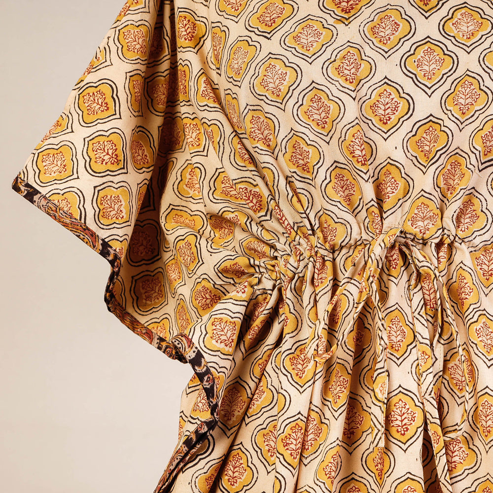 CHUTNEY CRAFT STUDIO Beige - Block Print Cotton Kalamkari Kaftan with Tie-Up Waist (Medium) - view 2