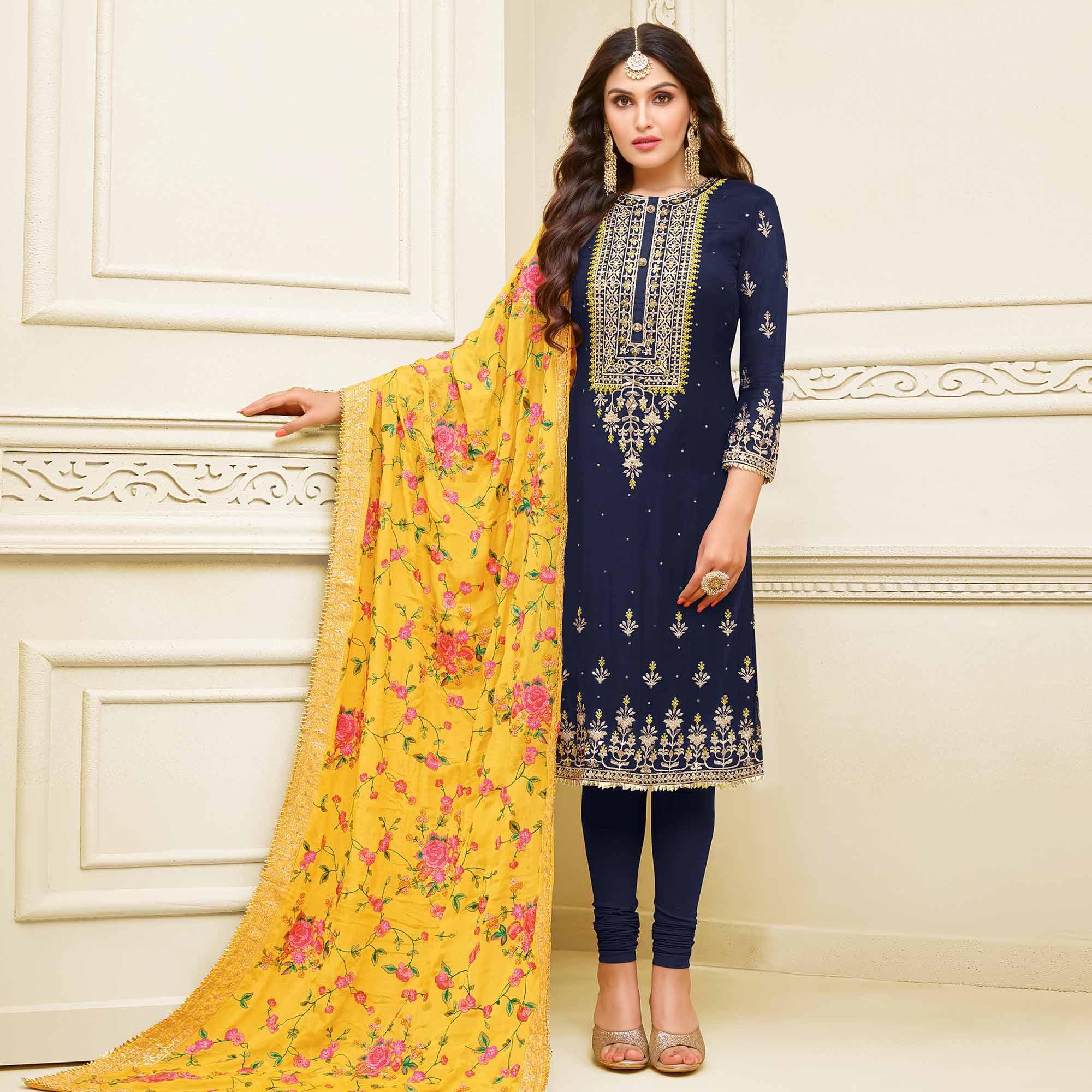 Peachmode Magnetic Navy Blue Colored Partywear Embroidered Georgette Satin Suit