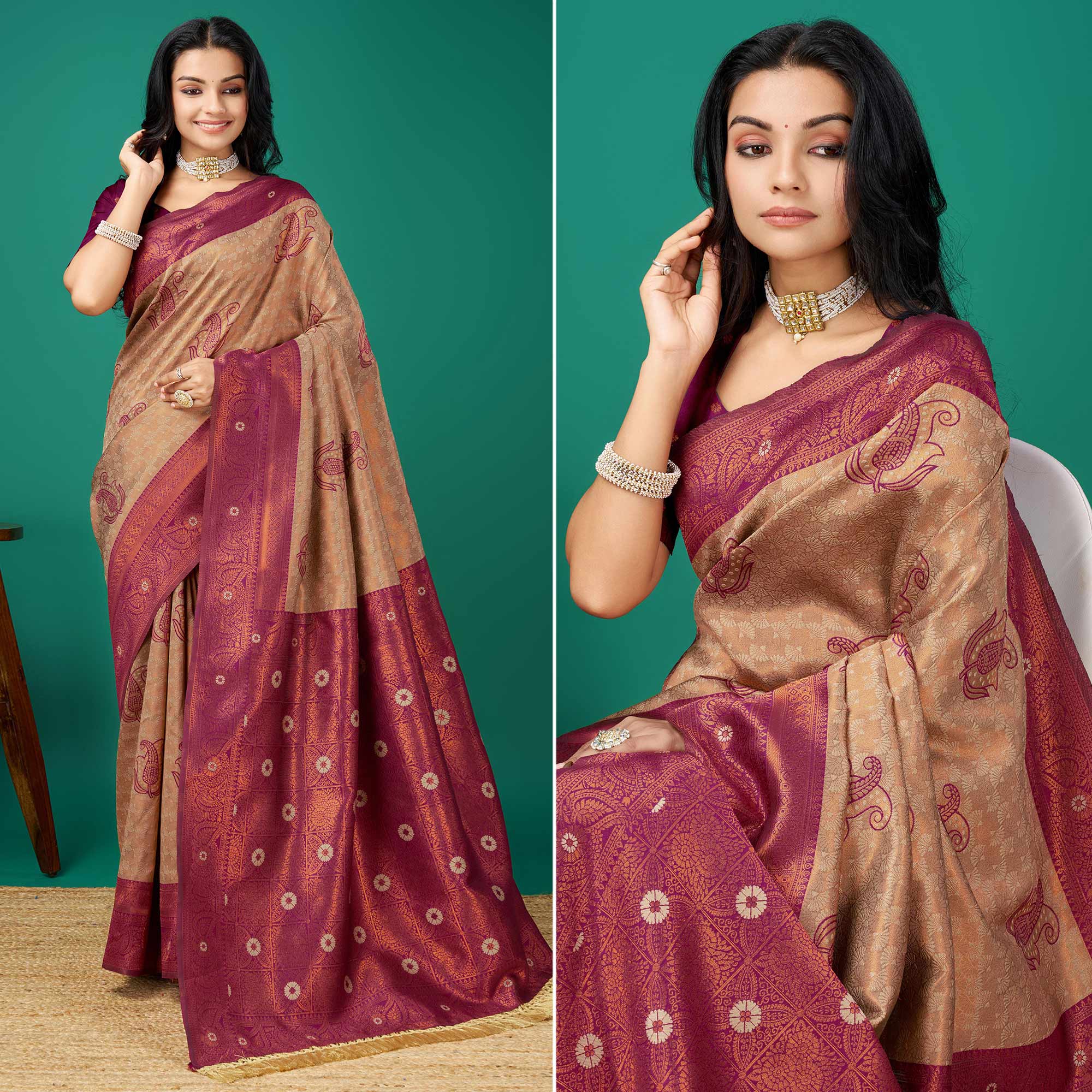 Peachmode Chikoo Zari Woven Banarasi Silk Saree With Tassels