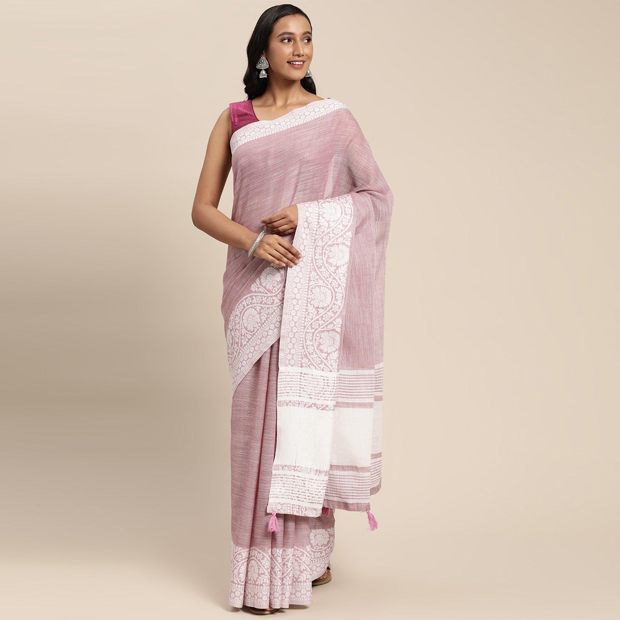 Peachmode Mauve Embroidered Linen Saree with Tassels