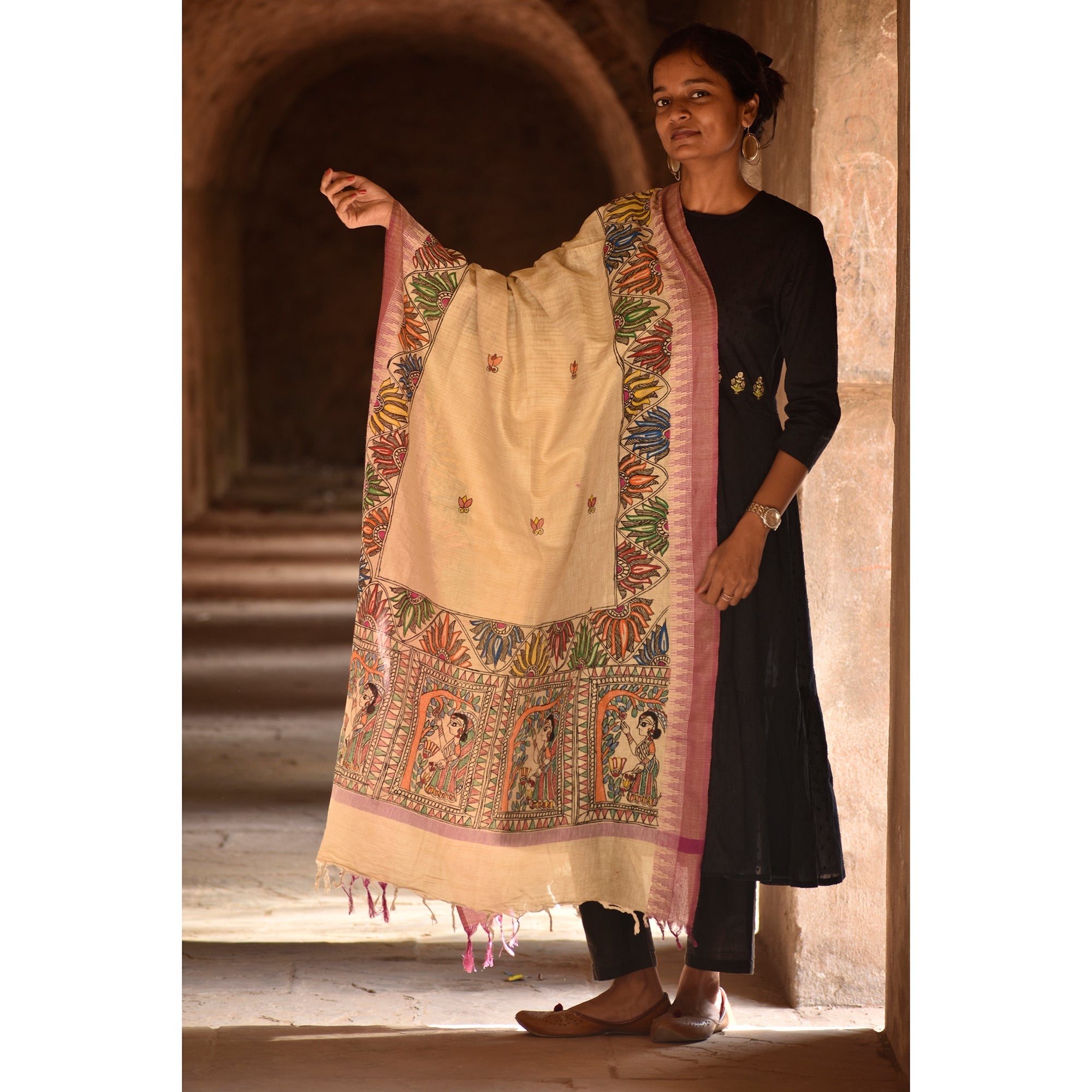 DIORAMA DESIGNS Beige - Madhubani Hand-Painted Cotton Dupatta