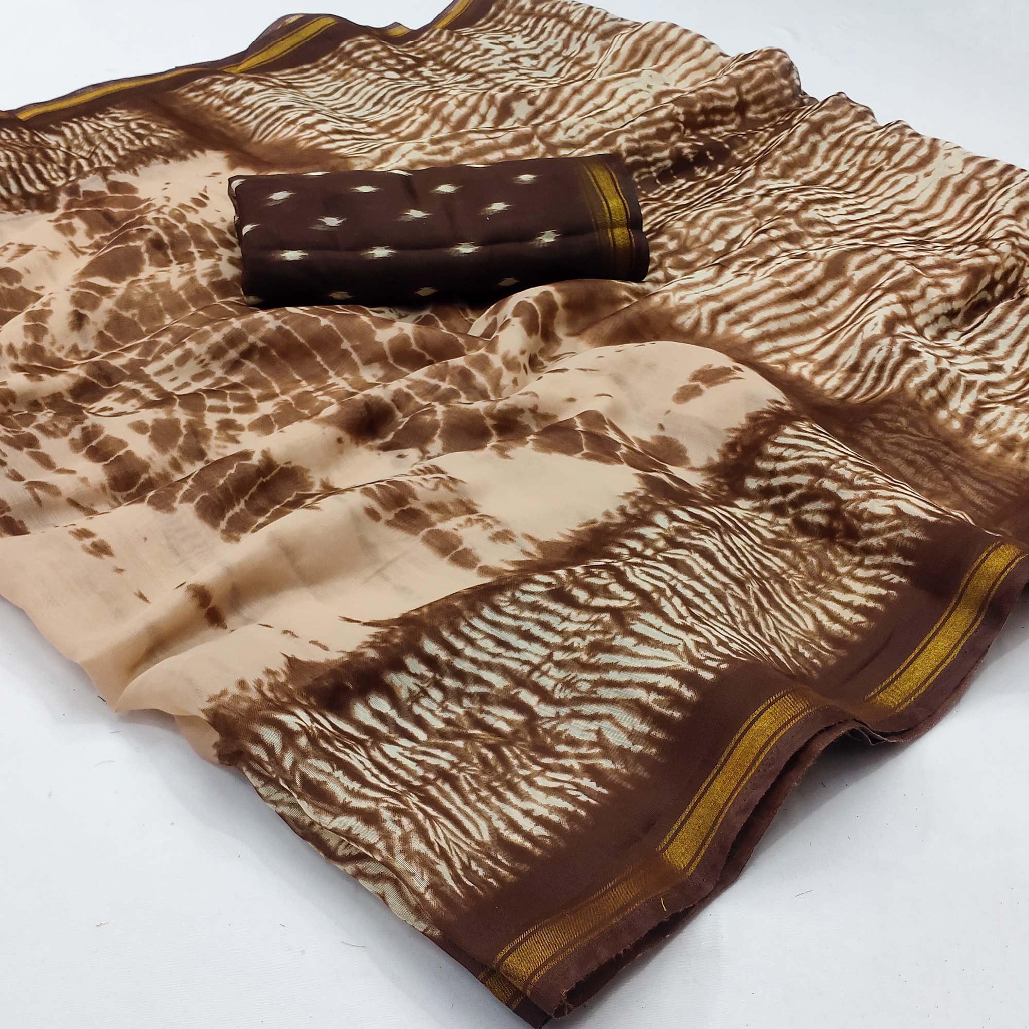 Peachmode Brown Abstract Printed Cotton Blend Saree