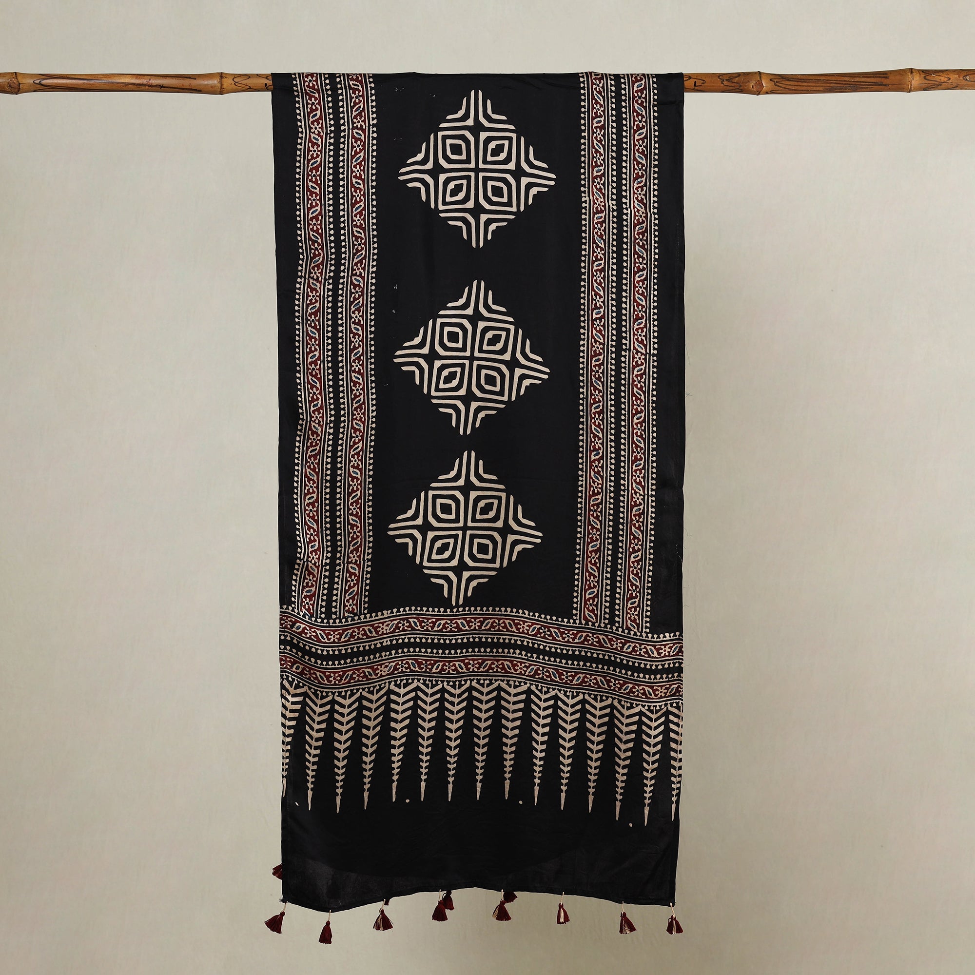 RIYAZ ABDULMAJID KHATRI - AJRAKH Black - Ajrakh Hand Block Printed Modal Silk Stole with Tassels - view 2