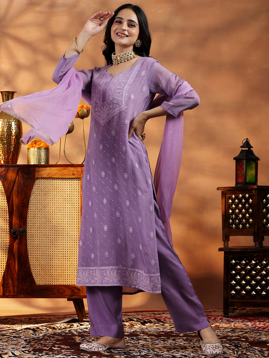 Libas Lavender Embroidered Organza Straight Suit With Dupatta - view 2