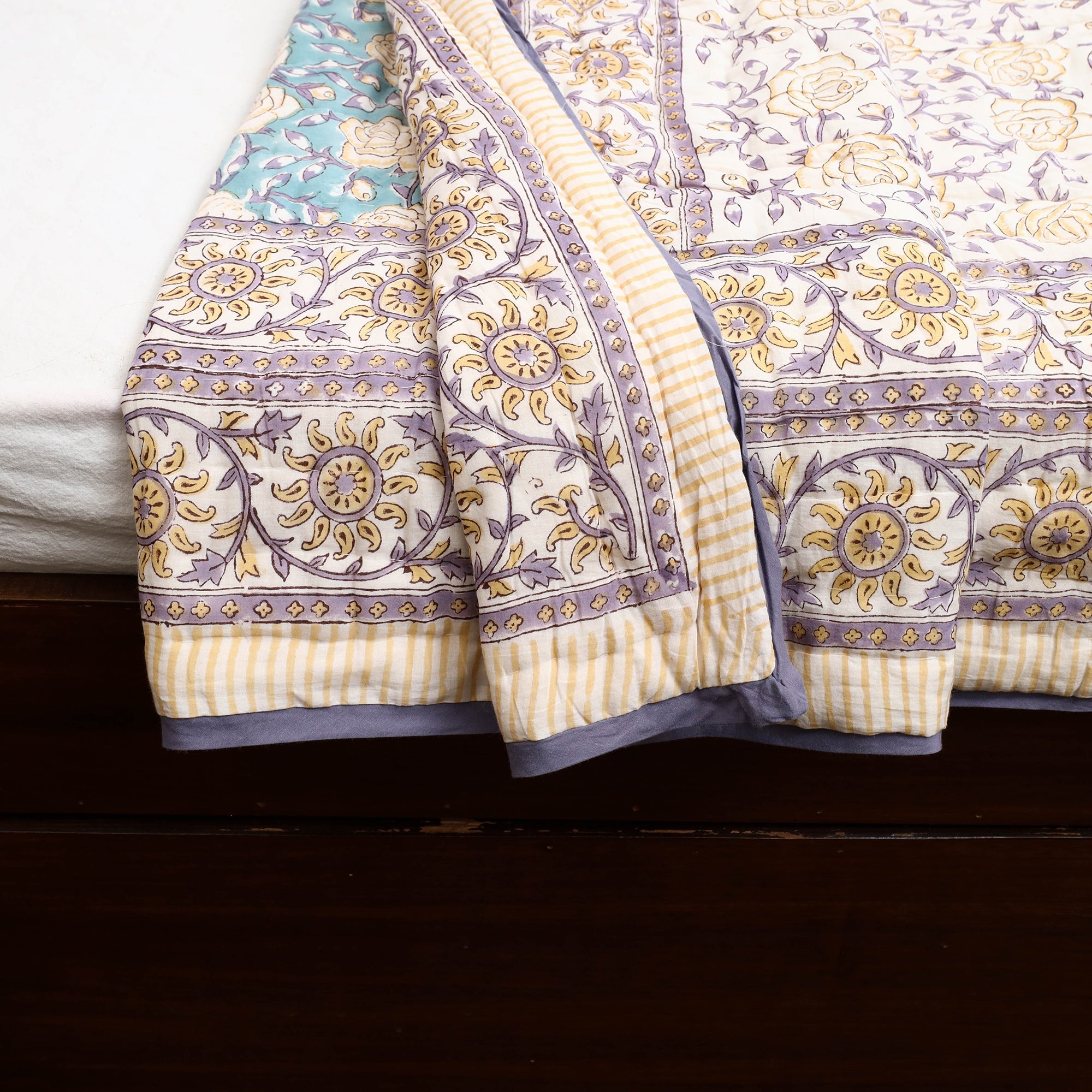 ARTISAN HAND BLOCK PRINTS Beige - Sanganeri Reversible Double Soft Cotton Quilt/Blanket 38 - view 4
