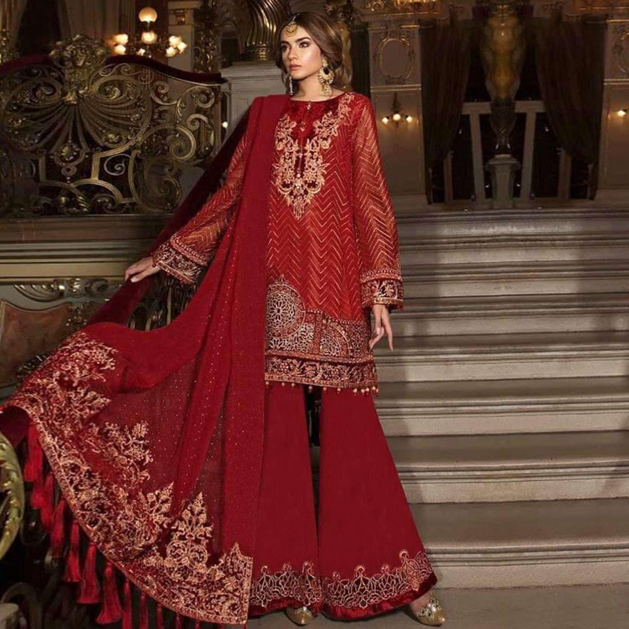 Peachmode Entrancing Red Colored Partywear Embroidered Organza Palazzo Suit