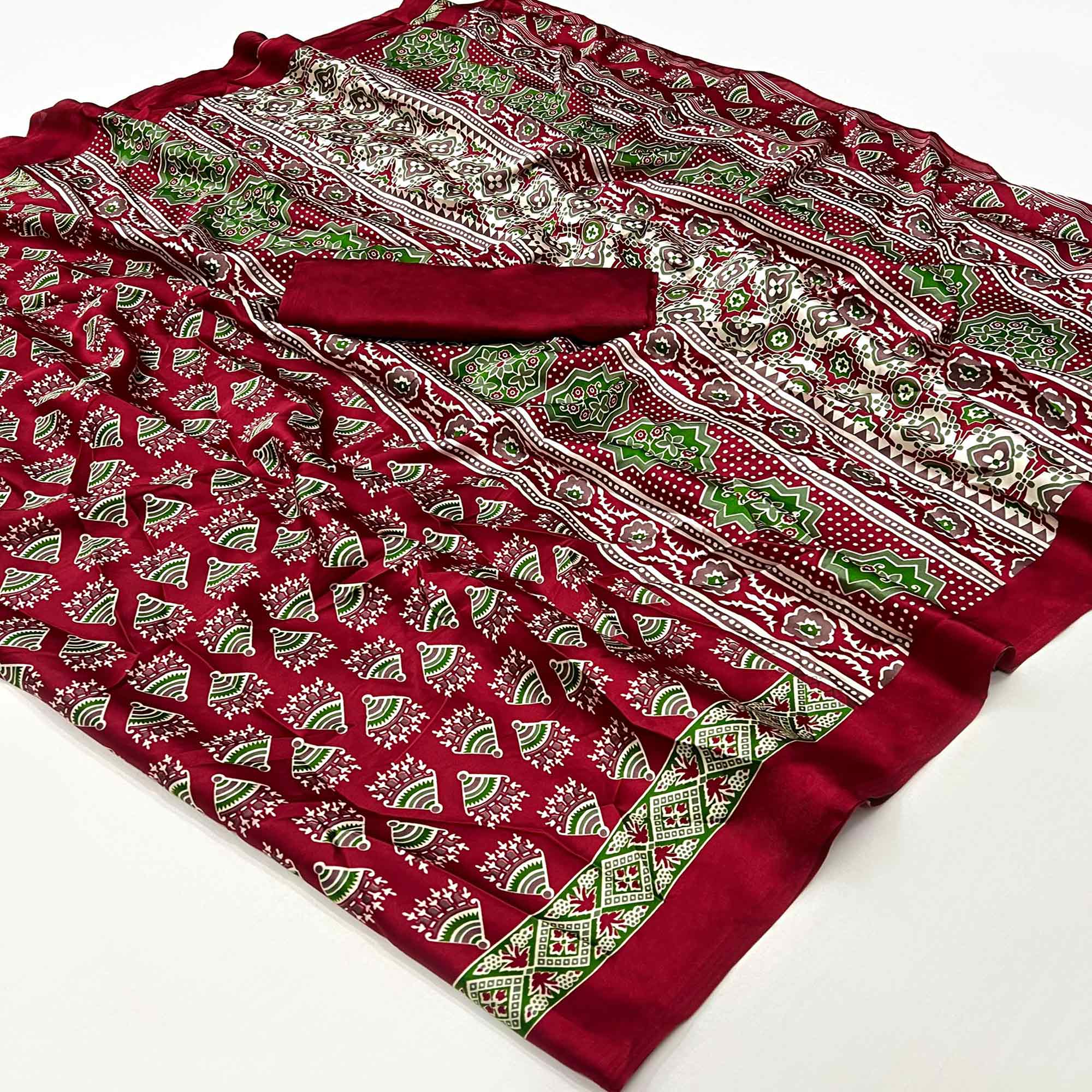 Peachmode Dark Maroon Ajrakh Printed Satin Saree