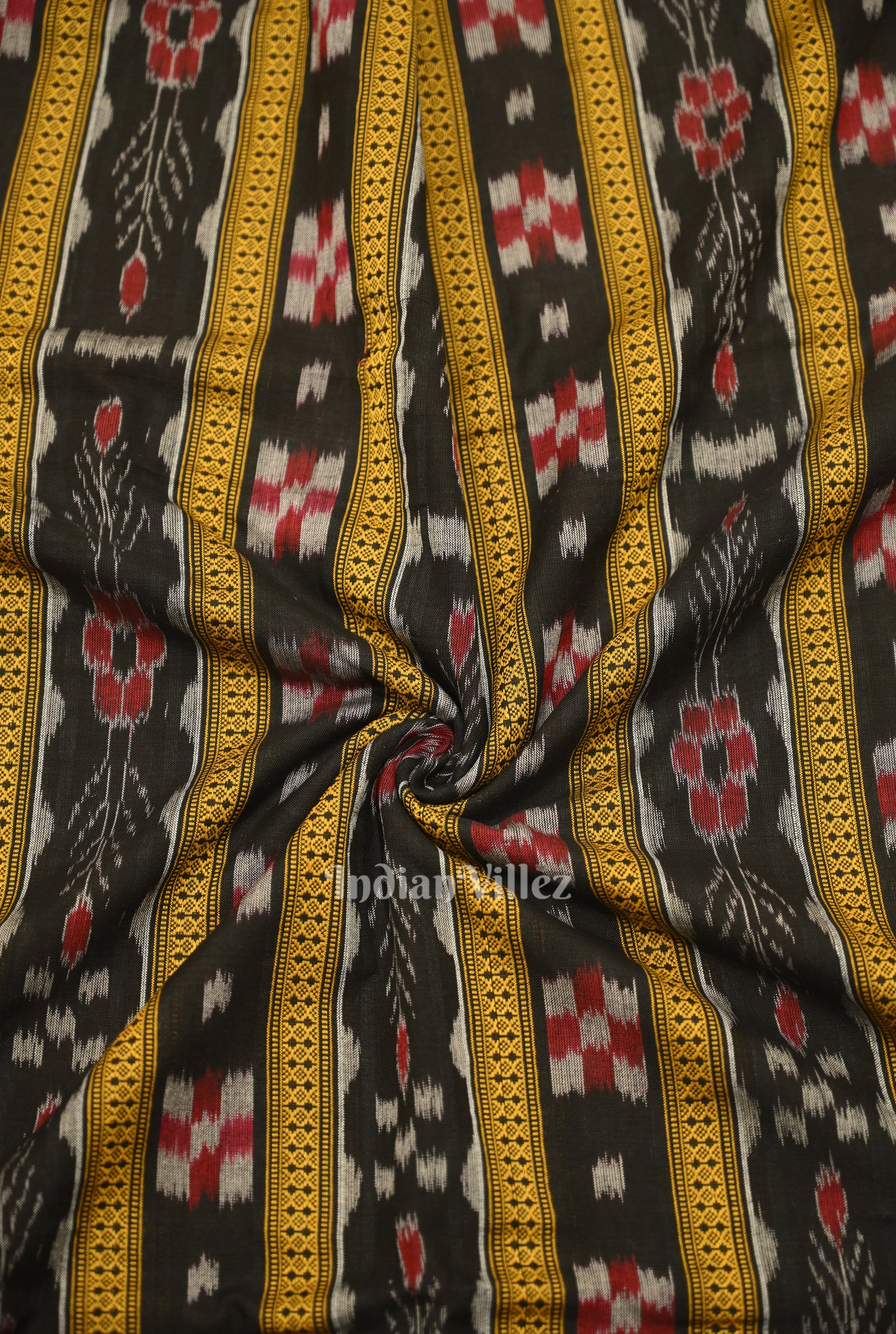 IndianVillèz Black Pasapali Sambalpuri Ikat Cotton Fabric