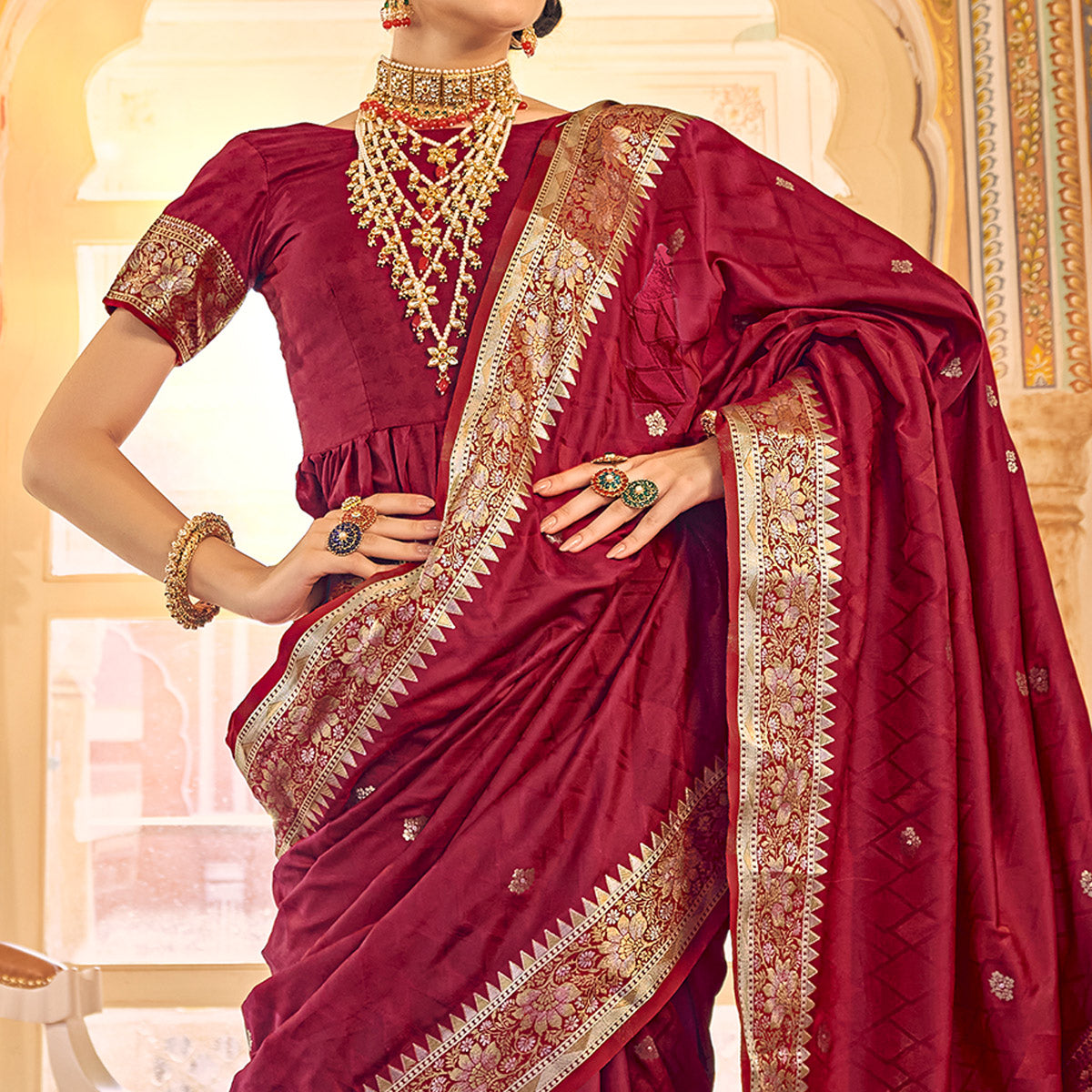 Peachmode Maroon Woven Satin Saree – Women's - view 2