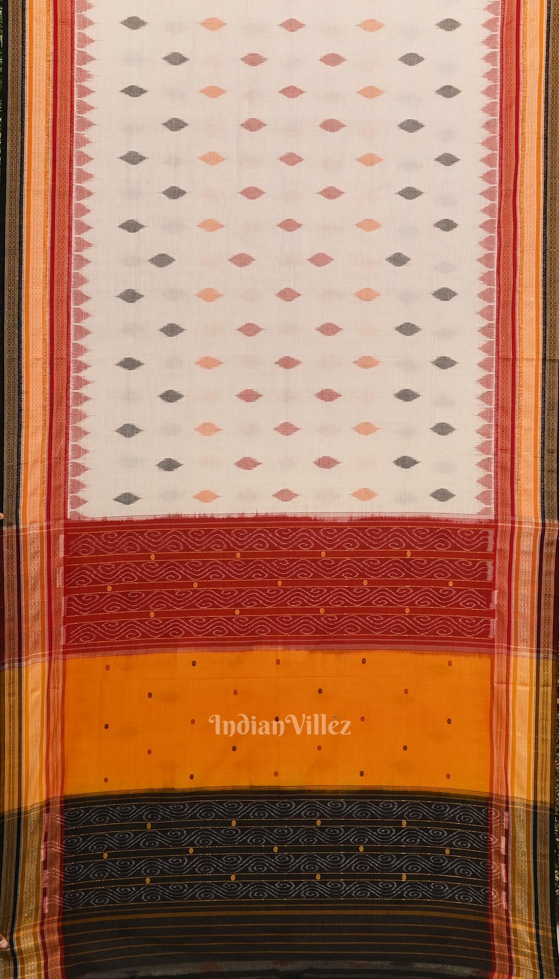 IndianVillèz White with Multicolour Odisha Ikat Sambalpuri Pure Cotton Saree