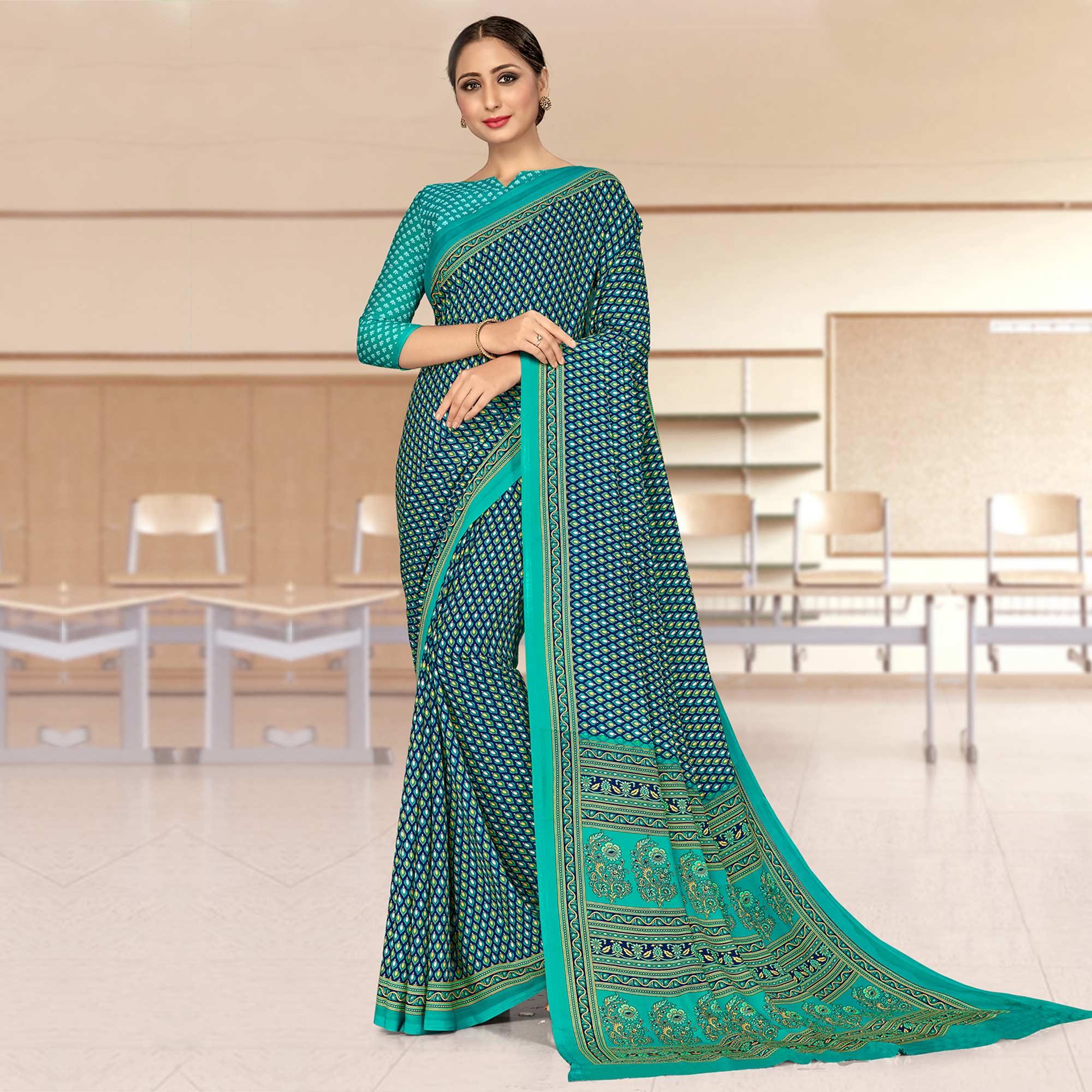 Peachmode Intricate Blue Coloured Casual Wear Printed Crepe Saree