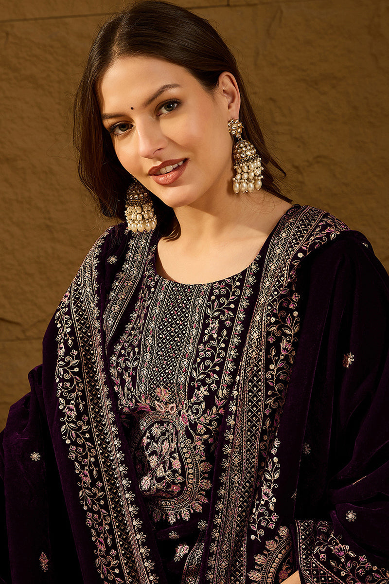 Ahika Purple Velvet Ethnic Motifs Printed Straight Trousers Suit Set PKSKD2883 - view 7