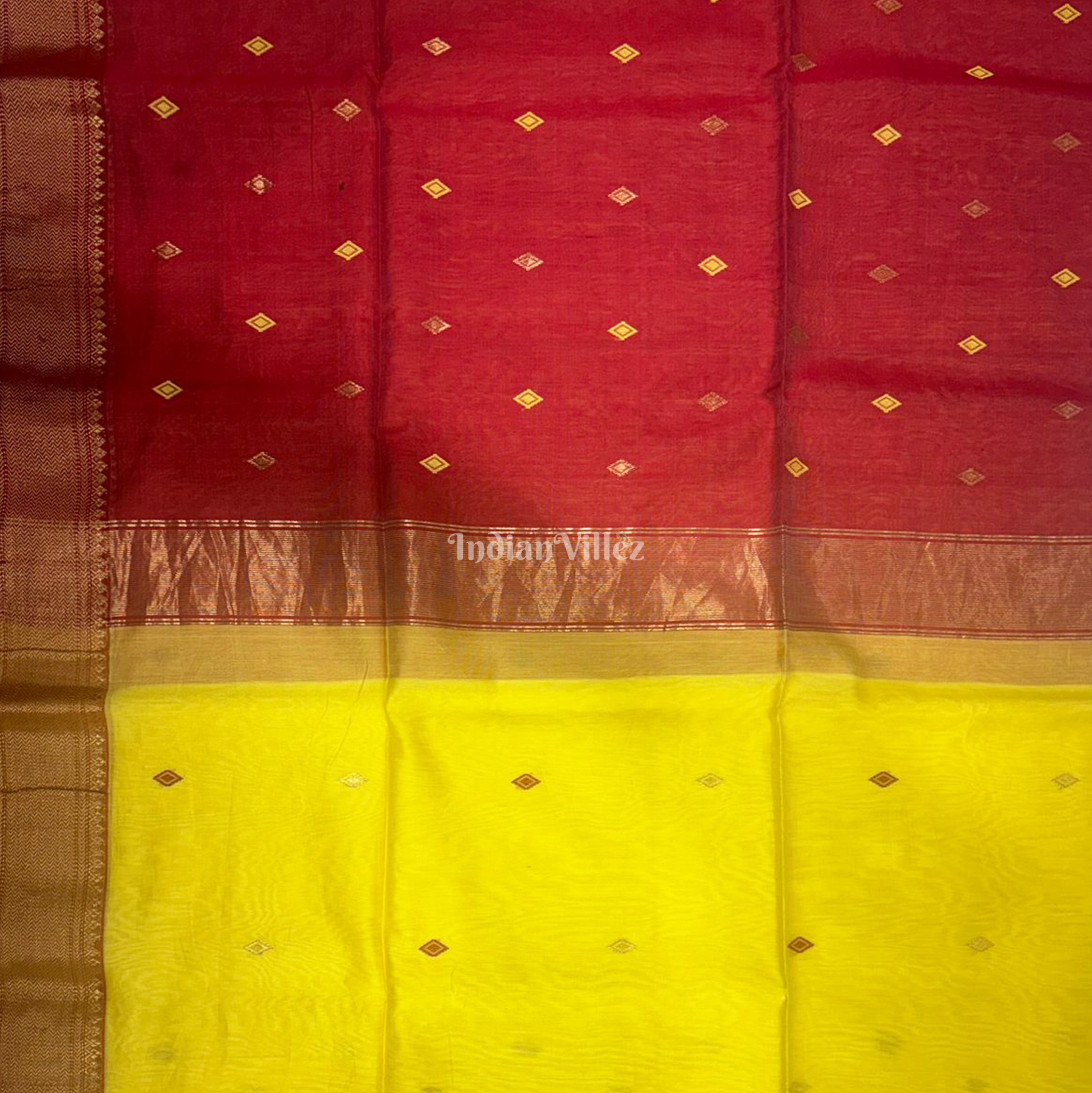IndianVillèz Yellow Pure Silk Cotton Maheshwari Saree with Zari Border - view 3
