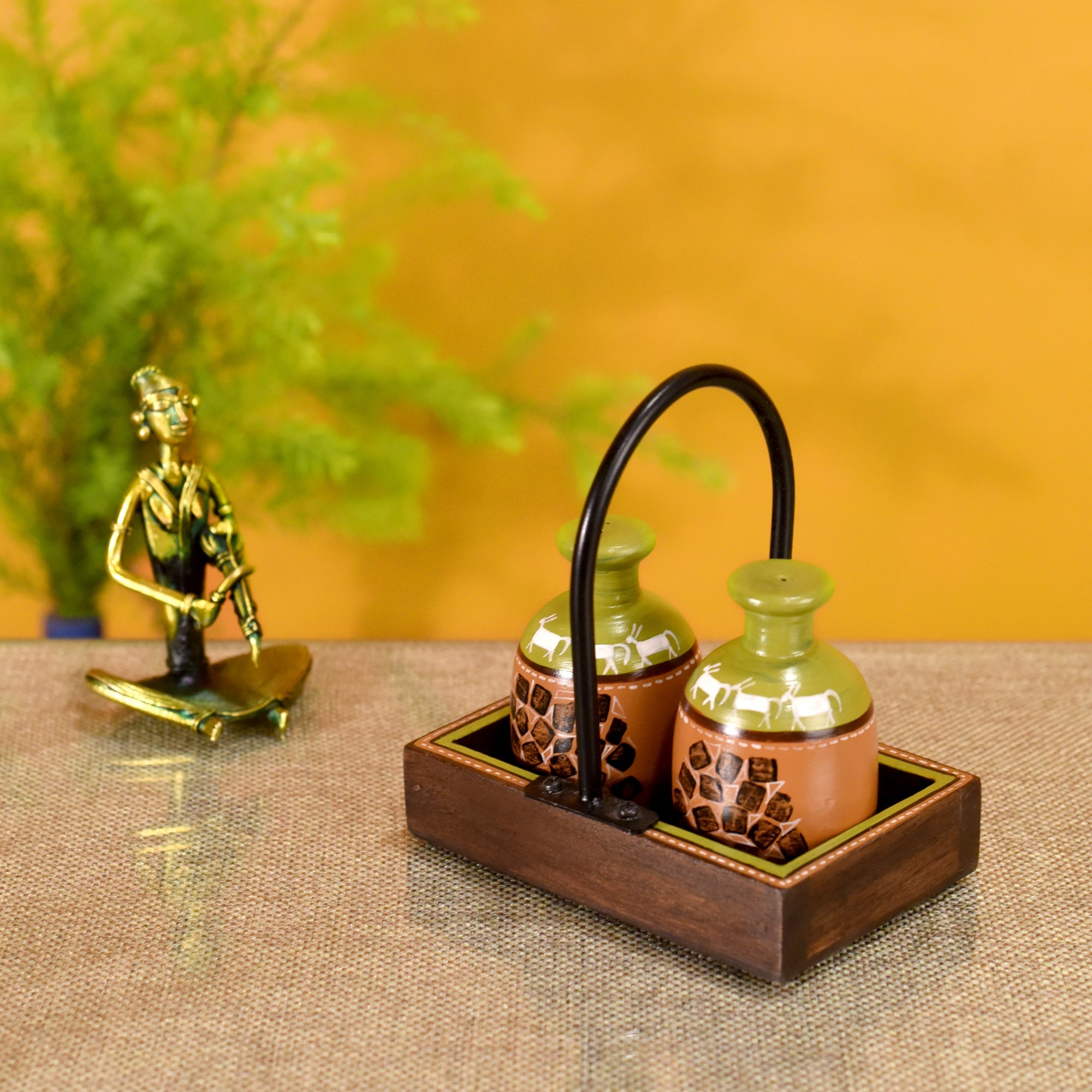 ART CREATIONS BY SUMAN SONTHALIA Asmi Earthen Salt n Pepper Shaker in Wood Tray