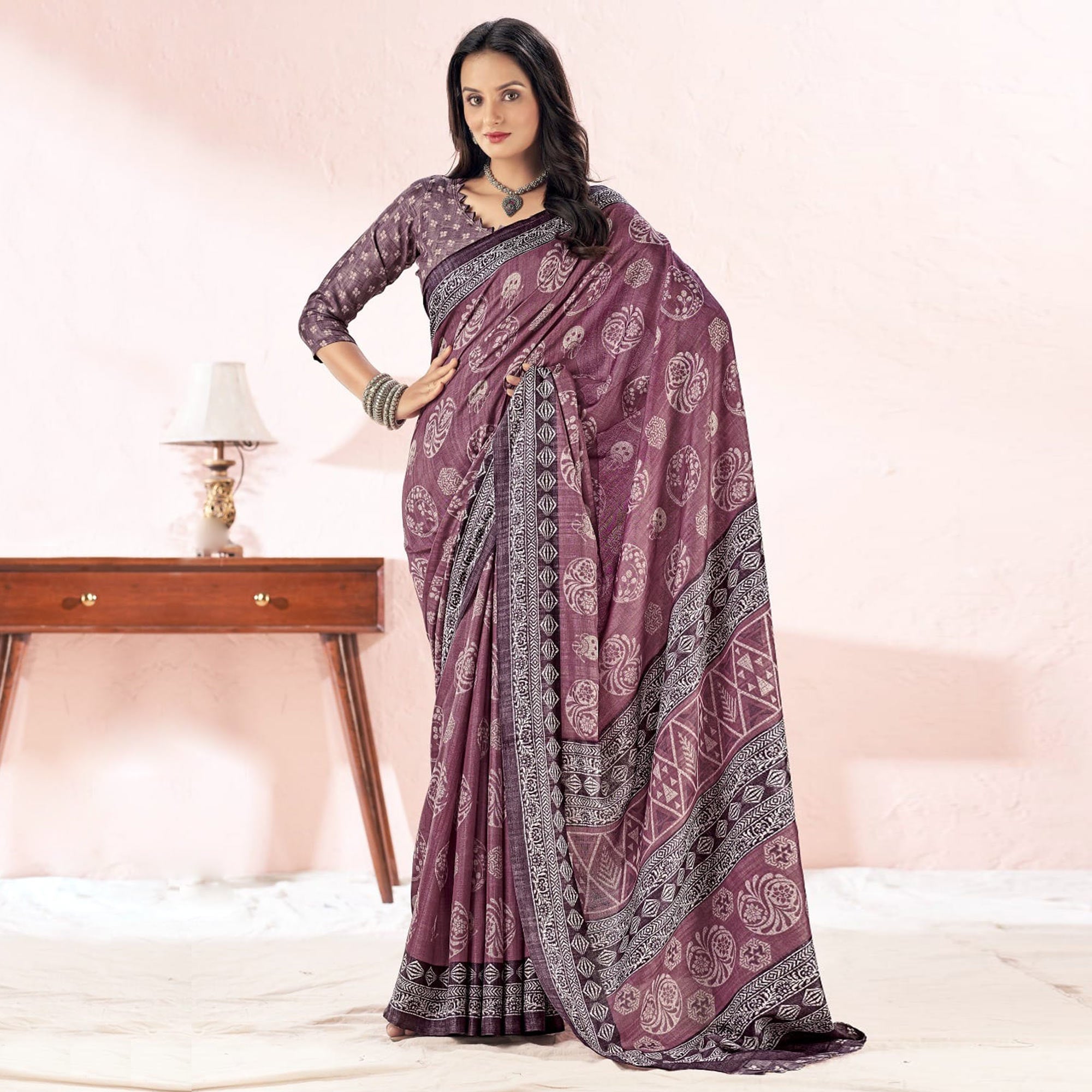 Peachmode Mauve Printed Tussar Silk Saree – Women's