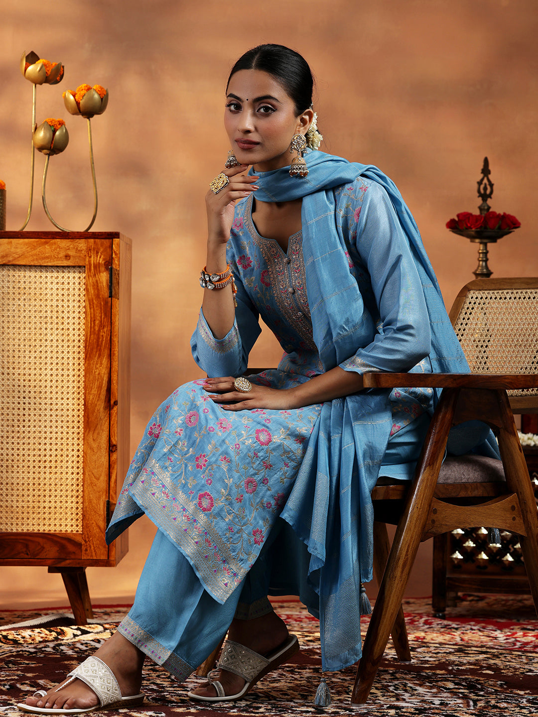 Libas Blue Woven Design Silk Blend Straight Suit With Dupatta
