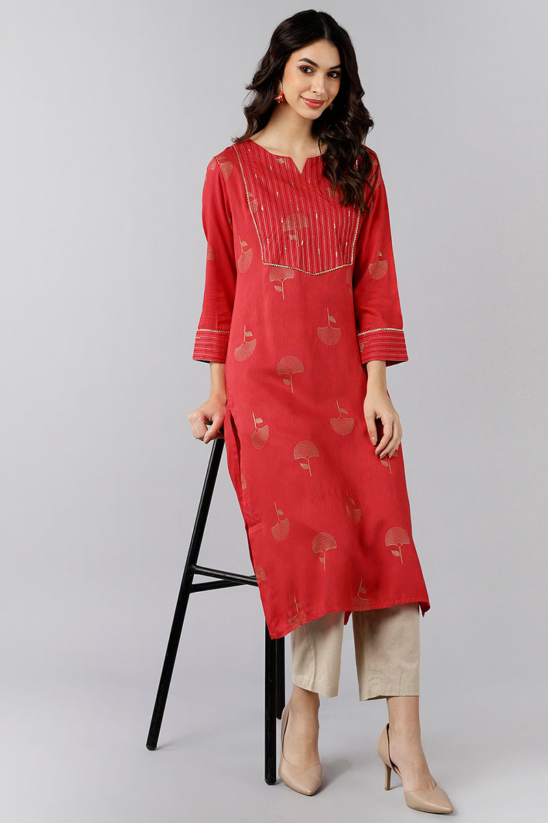 Ahika Red Cotton Sequin Embroidered Straight Kurti VEK1065 - view 5