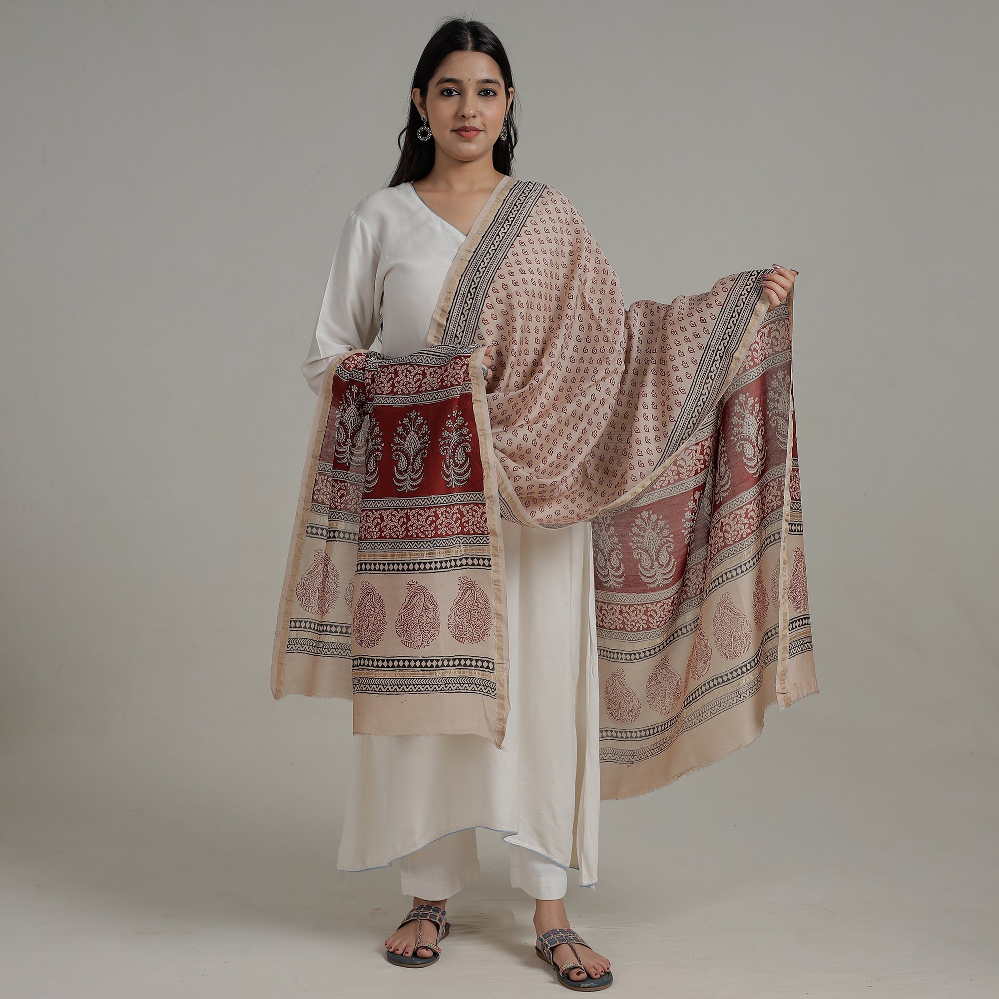 BAGH PRINTS BY MOHAMMED RAFIK KHATRI Beige - Natural Dyed Hand Block Print Chanderi Silk Bagh Dupatta 14