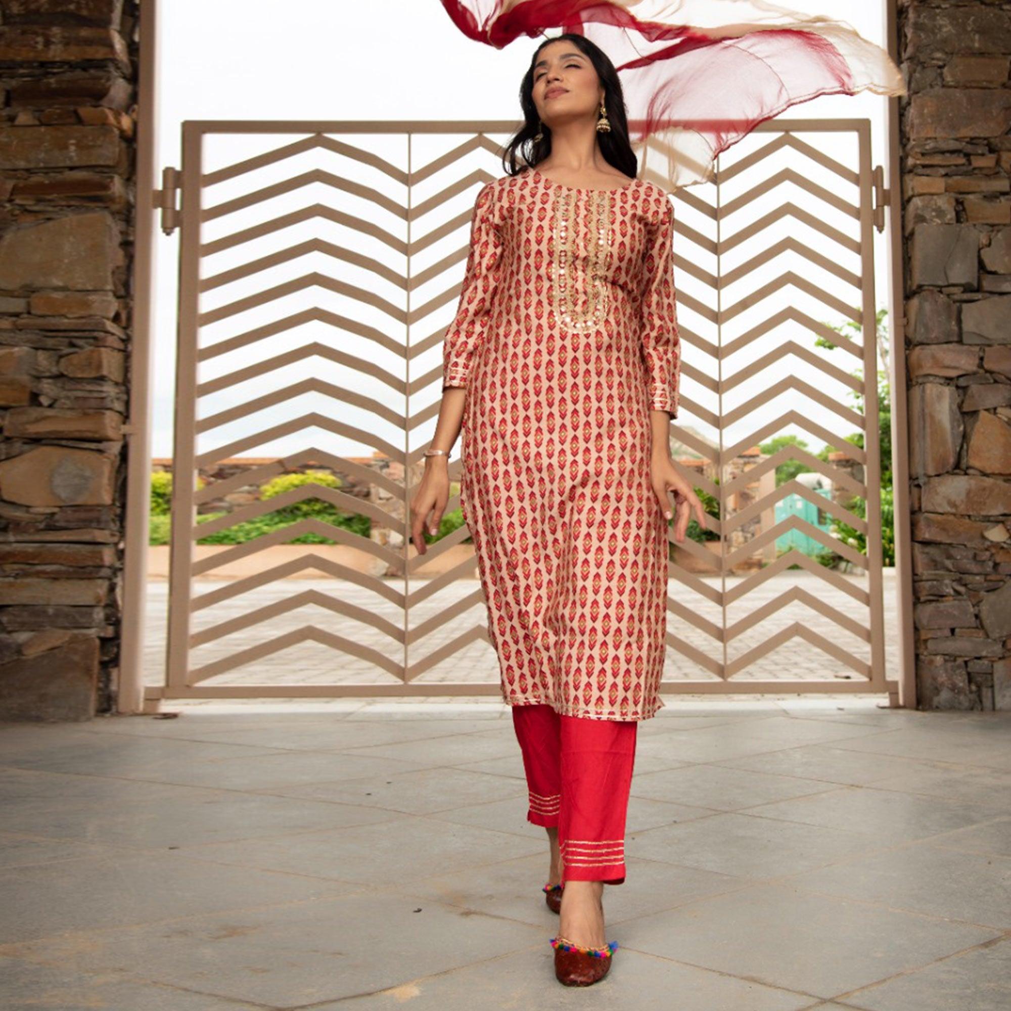 Peachmode Cream Partywear Printed With Embellished Cotton Kurti Pant Set
