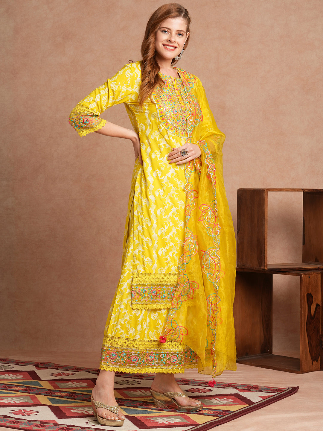 FASHOR Ethnic Khari Printed Embroidered Straight Fit Kurta with Flared Palazzo and Dupatta - Lime Green