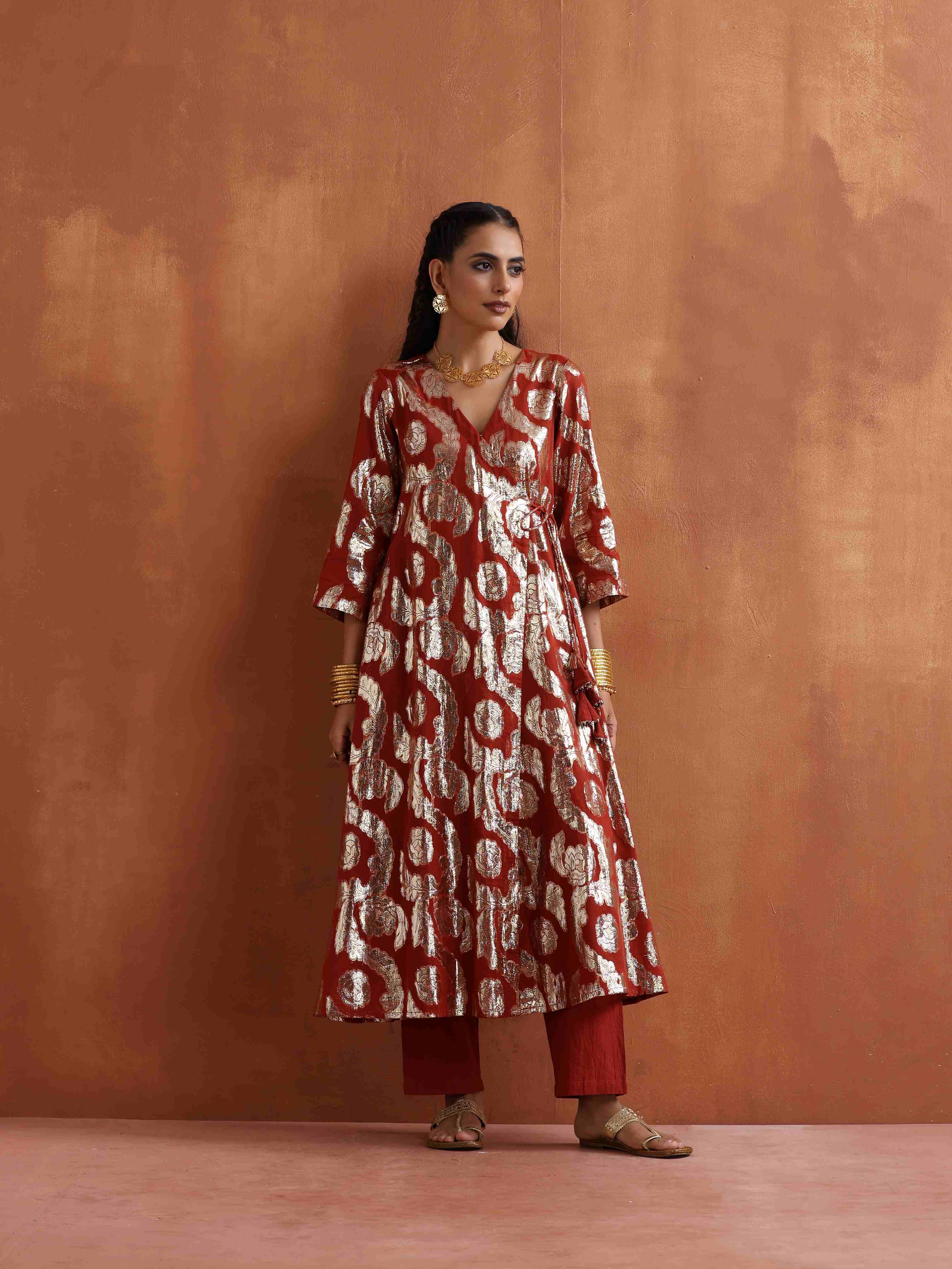 trueBrowns Rust Metallic Angrakha Kurta Set - view 2