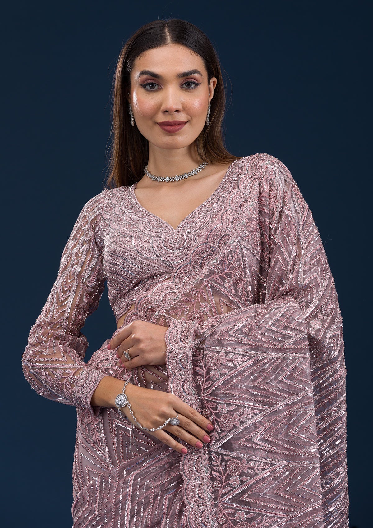 Koskii Onion Pink Sequins Net Saree – Women's - view 6