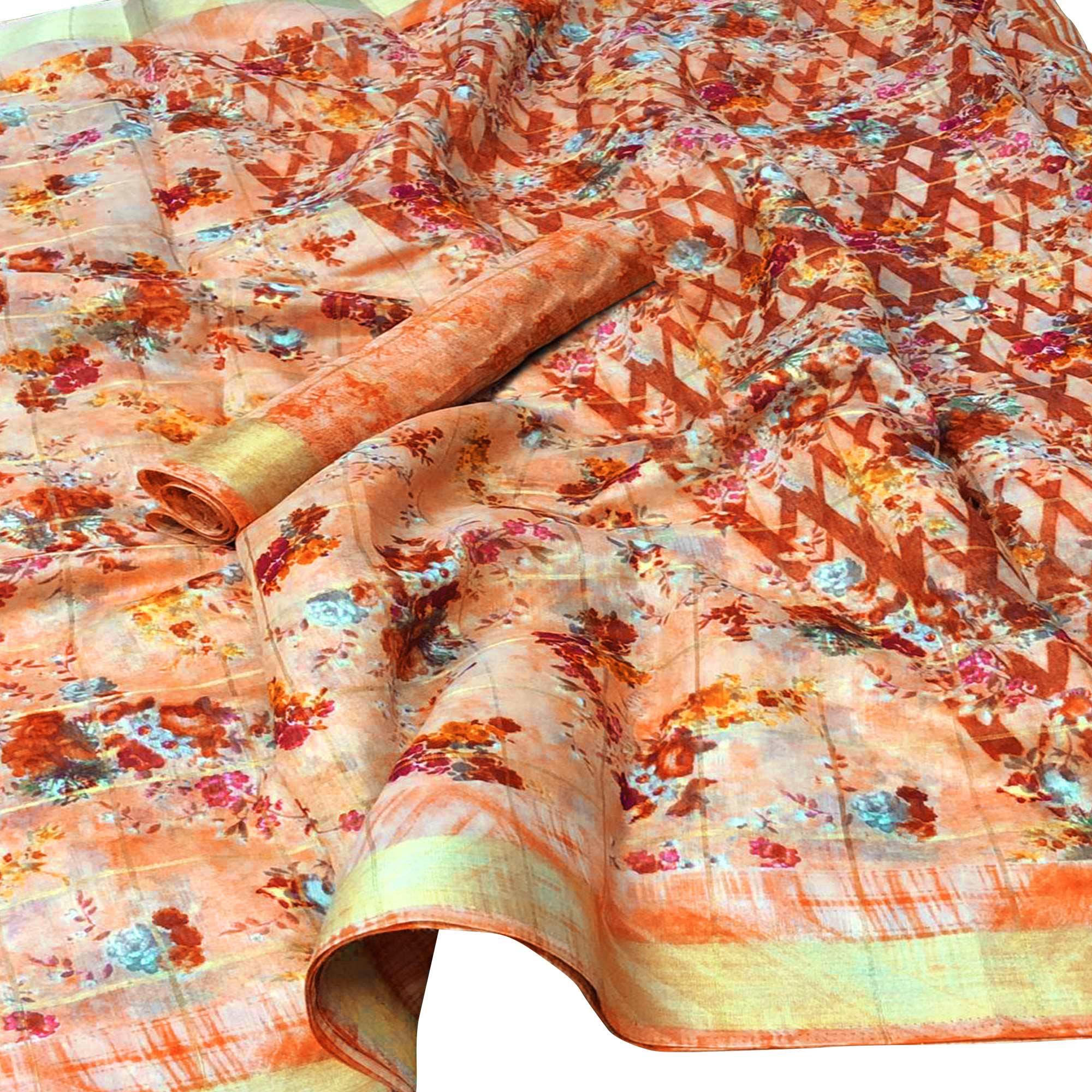 Peachmode Impressive Peach Colored Casual Floral Printed Cotton Saree