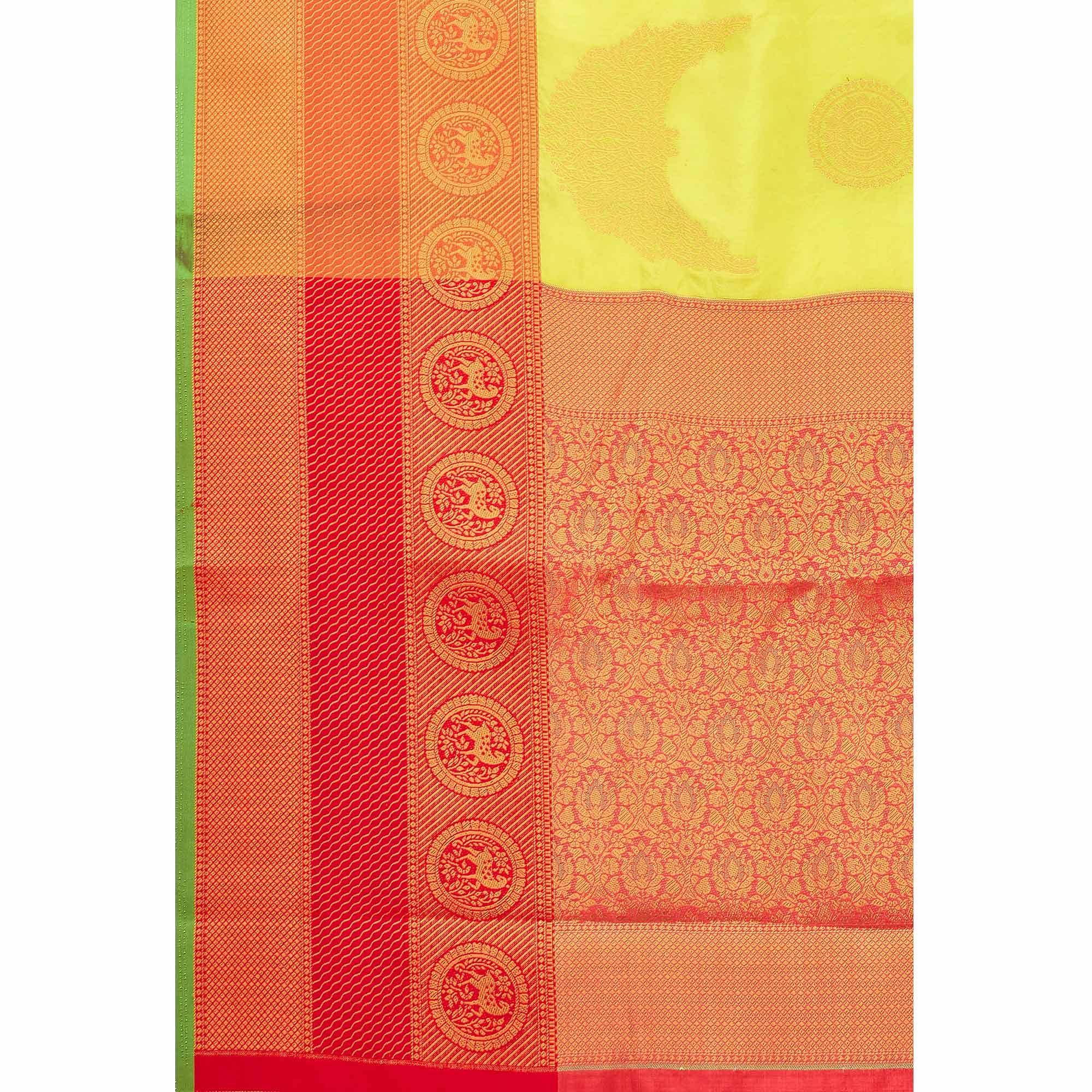 Peachmode Lime Green Woven Banarasi Silk Saree - view 2