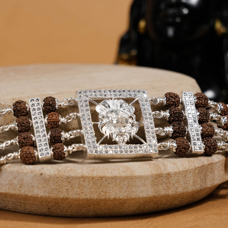 Prinjal Jewellers Rudraksha Silver Roaring Lion Four Linne Bracelet