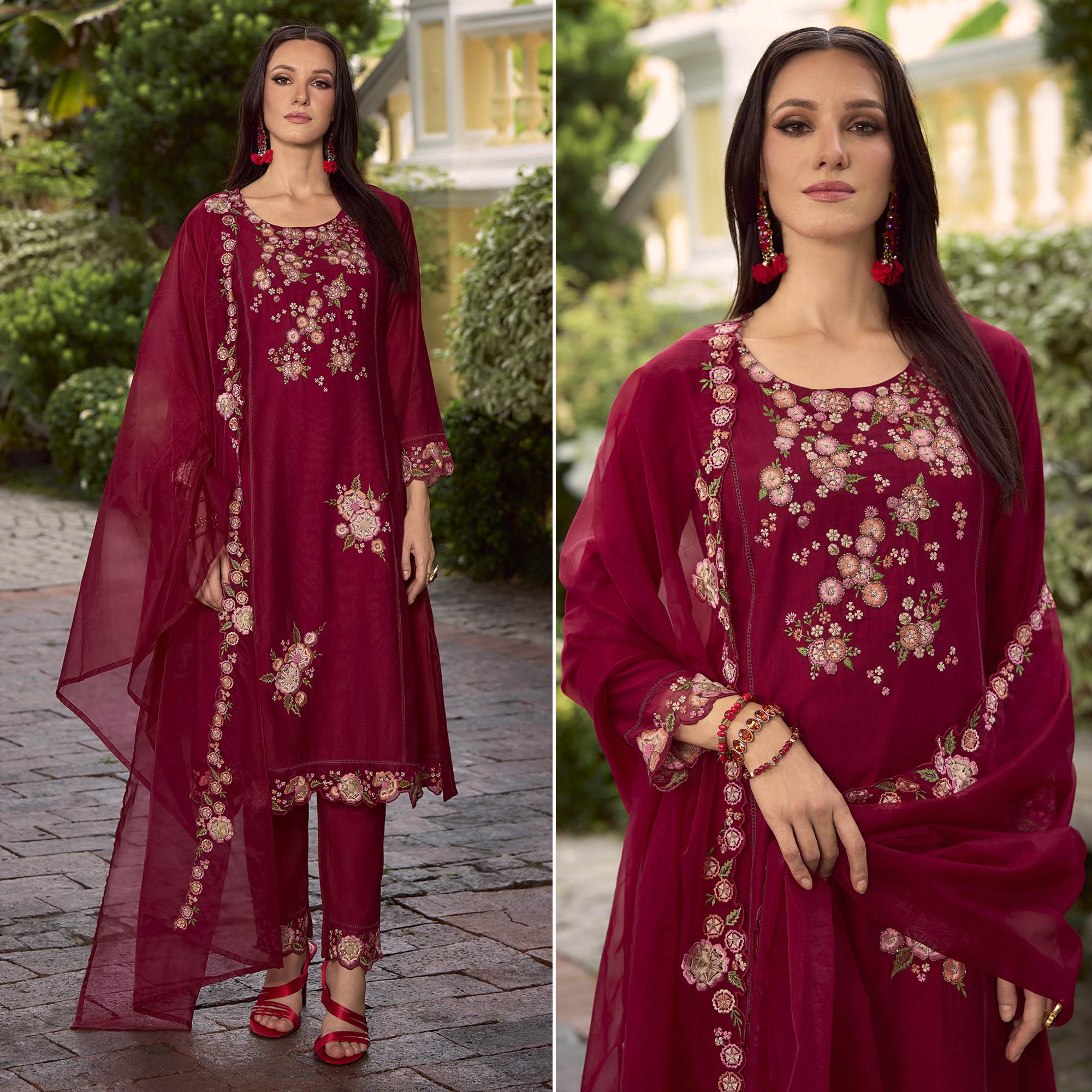 Peachmode Maroon Floral Handwork Embroidered Viscose Salwar Suit