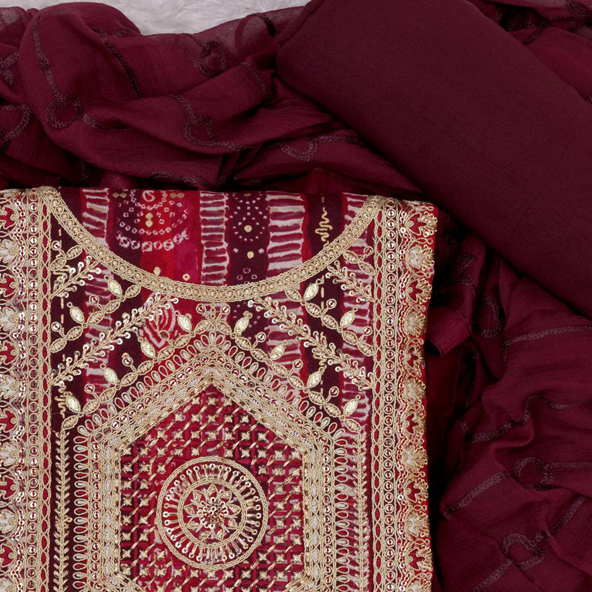 Peachmode Maroon Bandhani Printed Rayon Dress Material - view 2