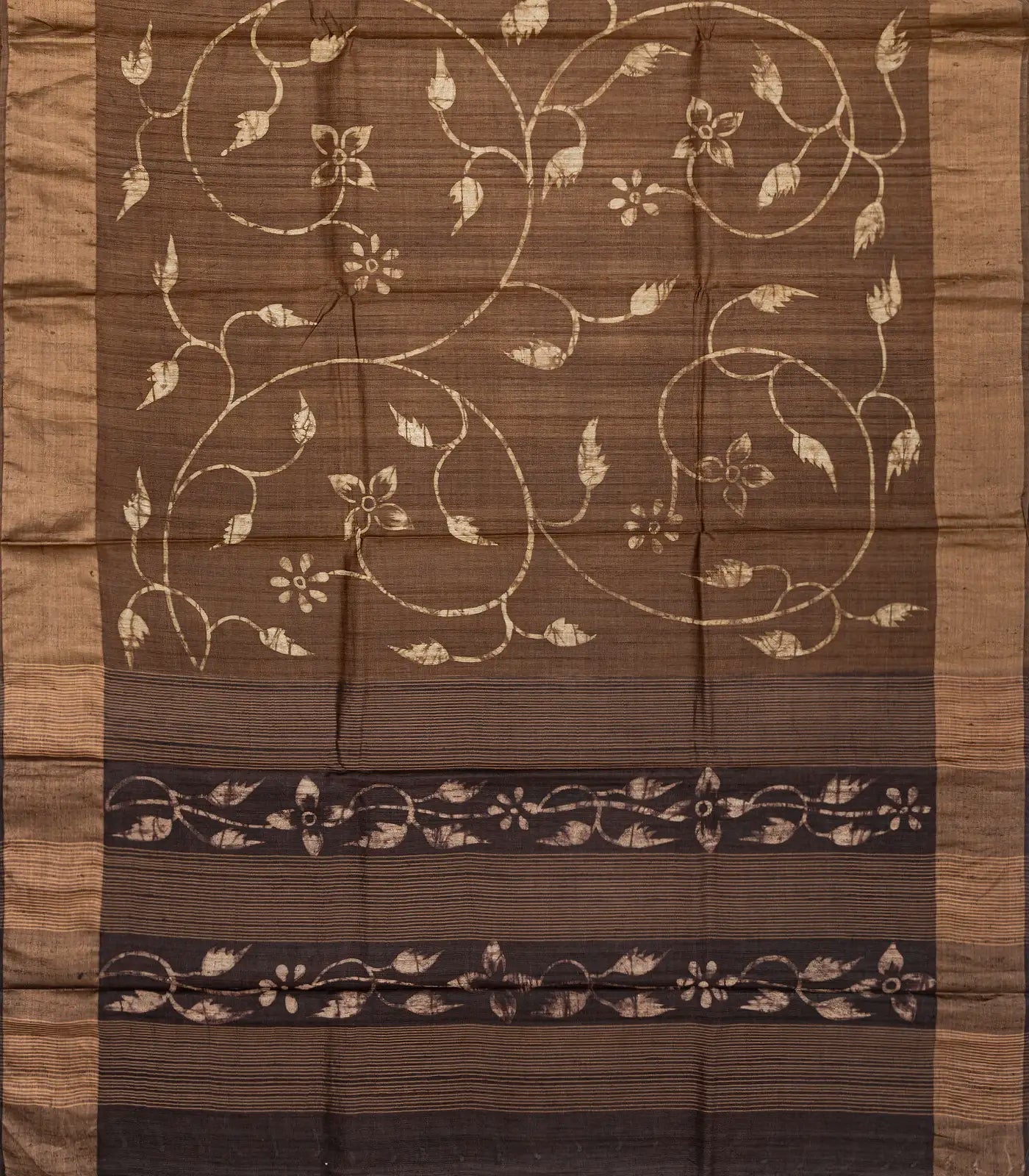 RmKV Dark Olive Handloom Tussar Silk Saree With Printed Vine Motifs-Dark Olive - view 2