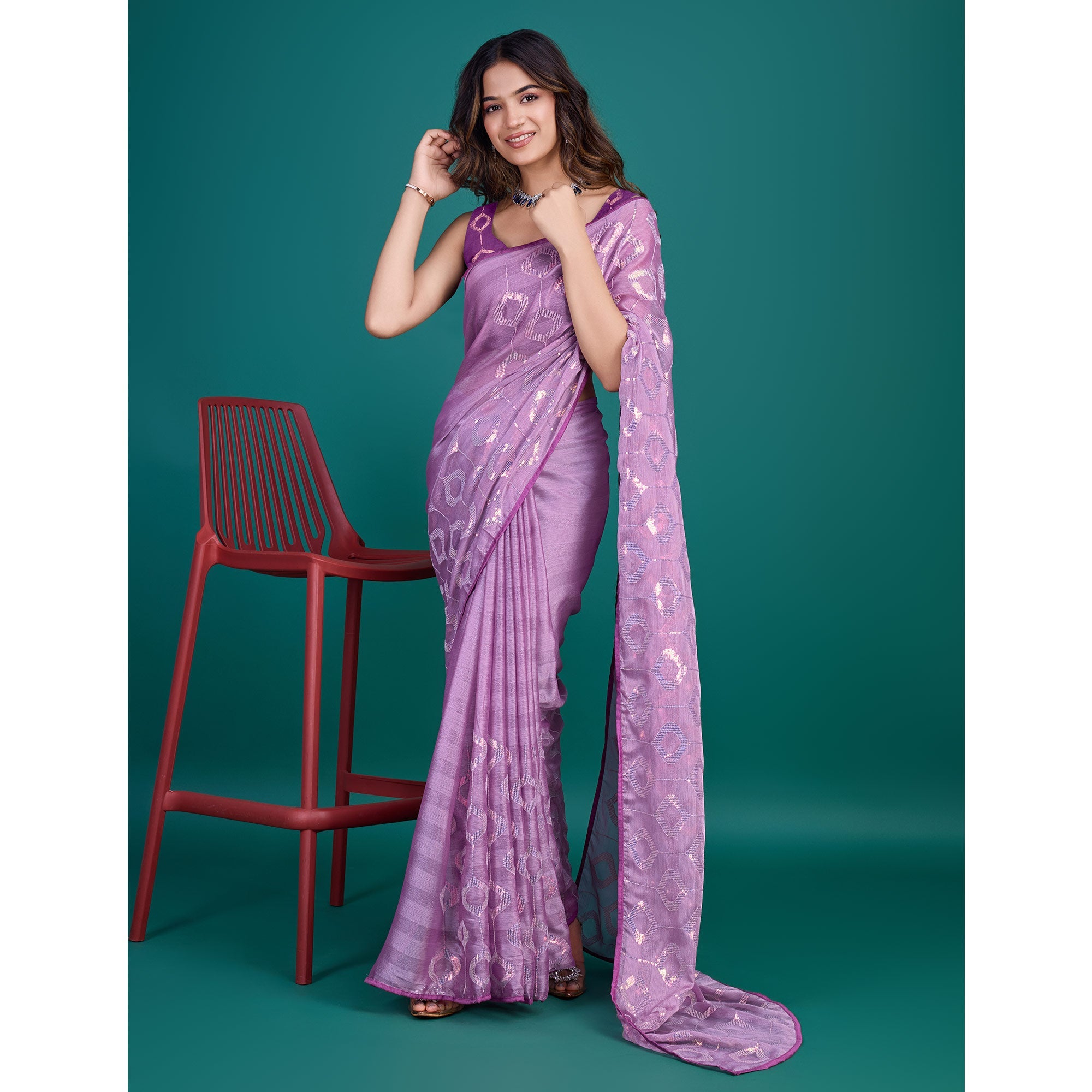 Peachmode Lavender Sequin Embroidered Georgette Saree - view 4