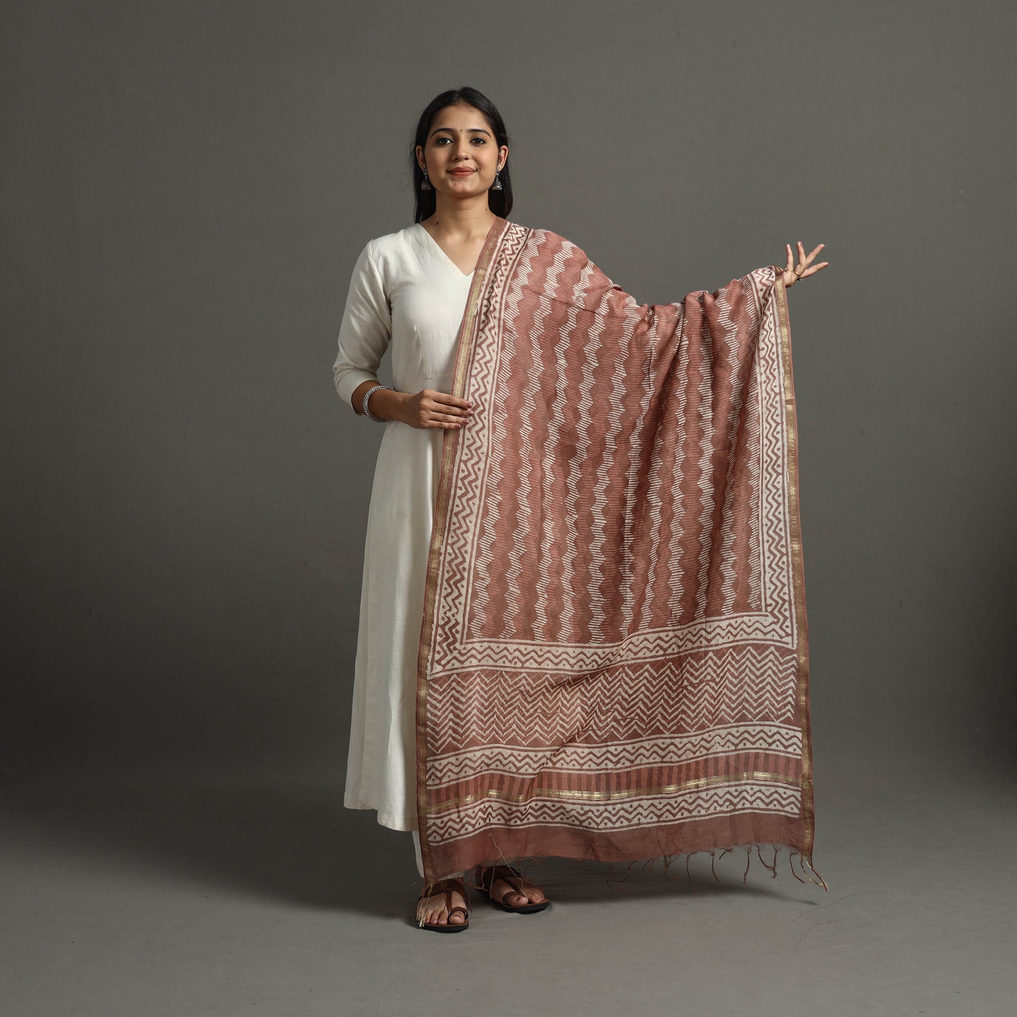 BAGRU DABU PRINTS Brown - Block Printed Chanderi Silk Bagru Dupatta 64
