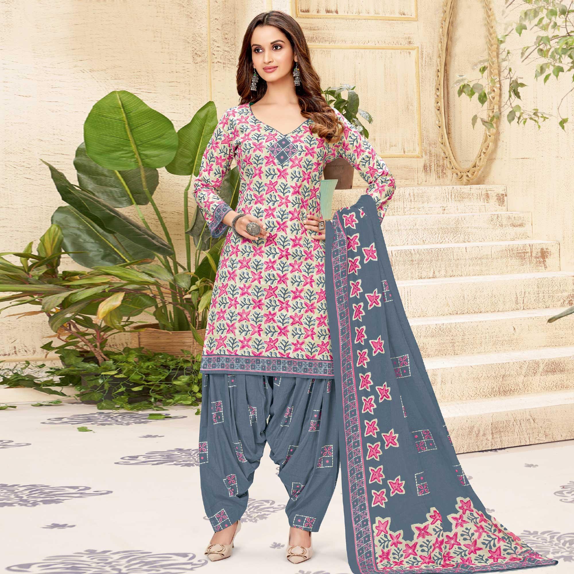 Peachmode Cream Printed Pure Cotton Patiala Dress Material
