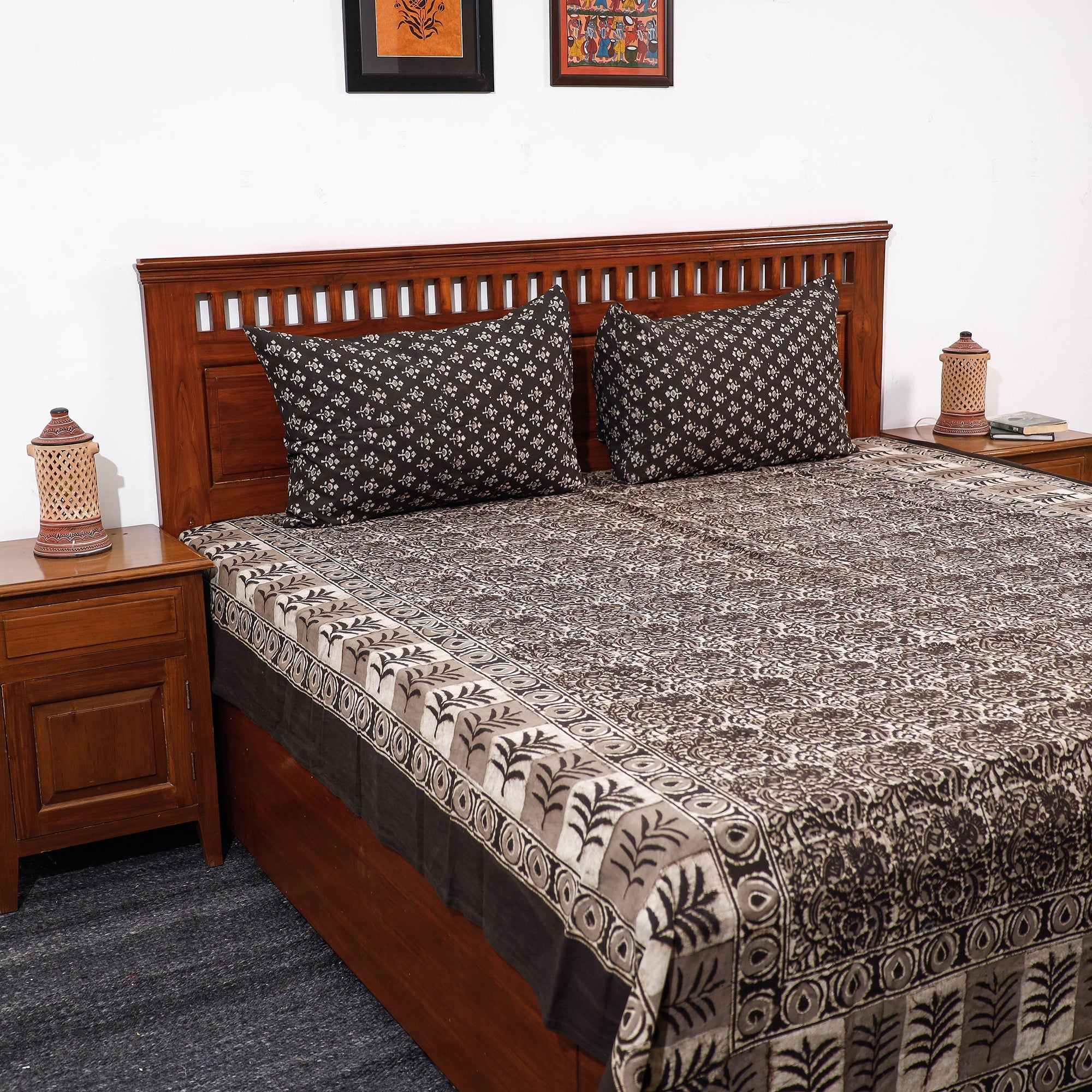 HAVELI CHRONICLES Brown - Pipad Block Printed Cotton Double Bed Cover with Pillow Covers (108 x 90 in)
