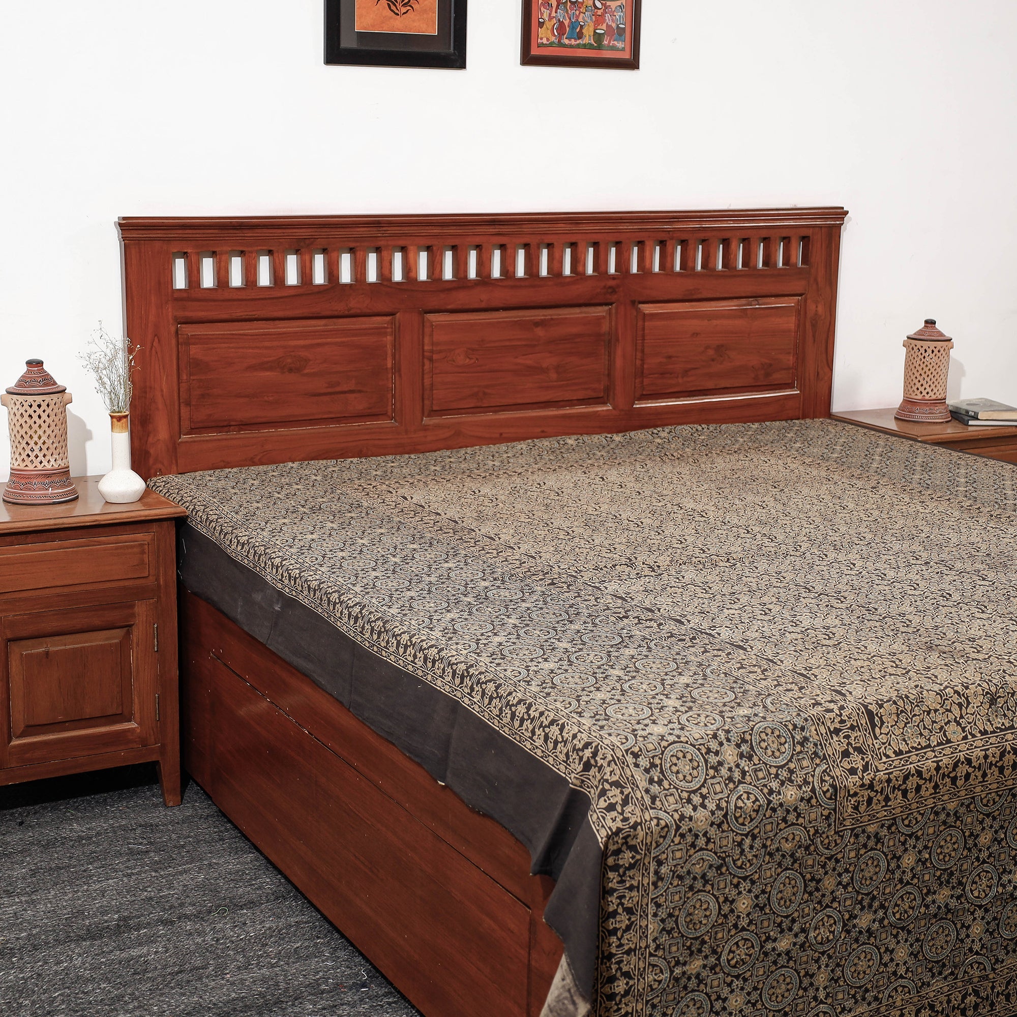 KACHCHH JI CHHAAP Brown - Ajrakh Block Printed Cotton Double Bed Cover (108 x 90 in)