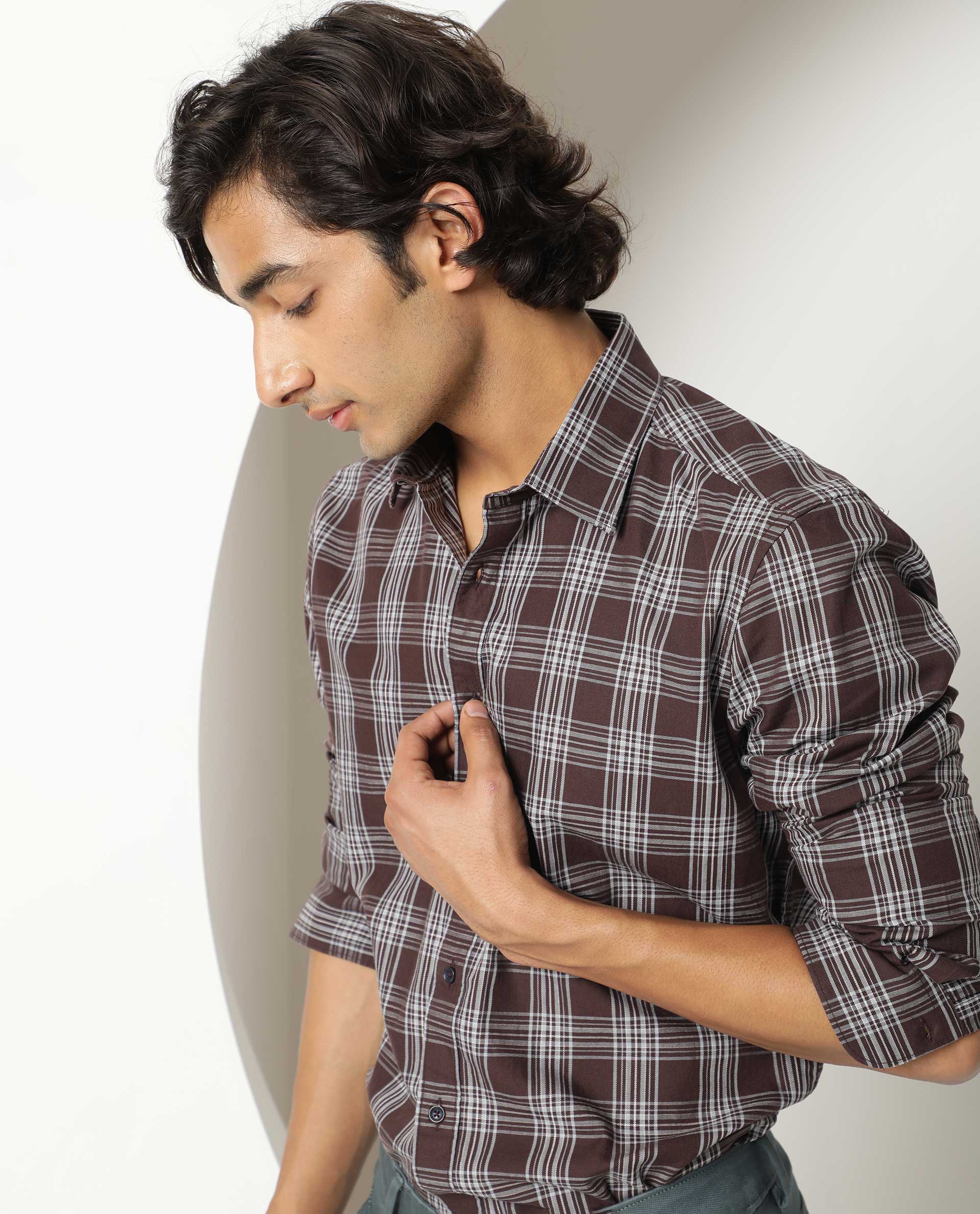 Rare Rabbit Men's Frazey Brown Cotton Fabric Full Sleeves Checks Shirt - view 6
