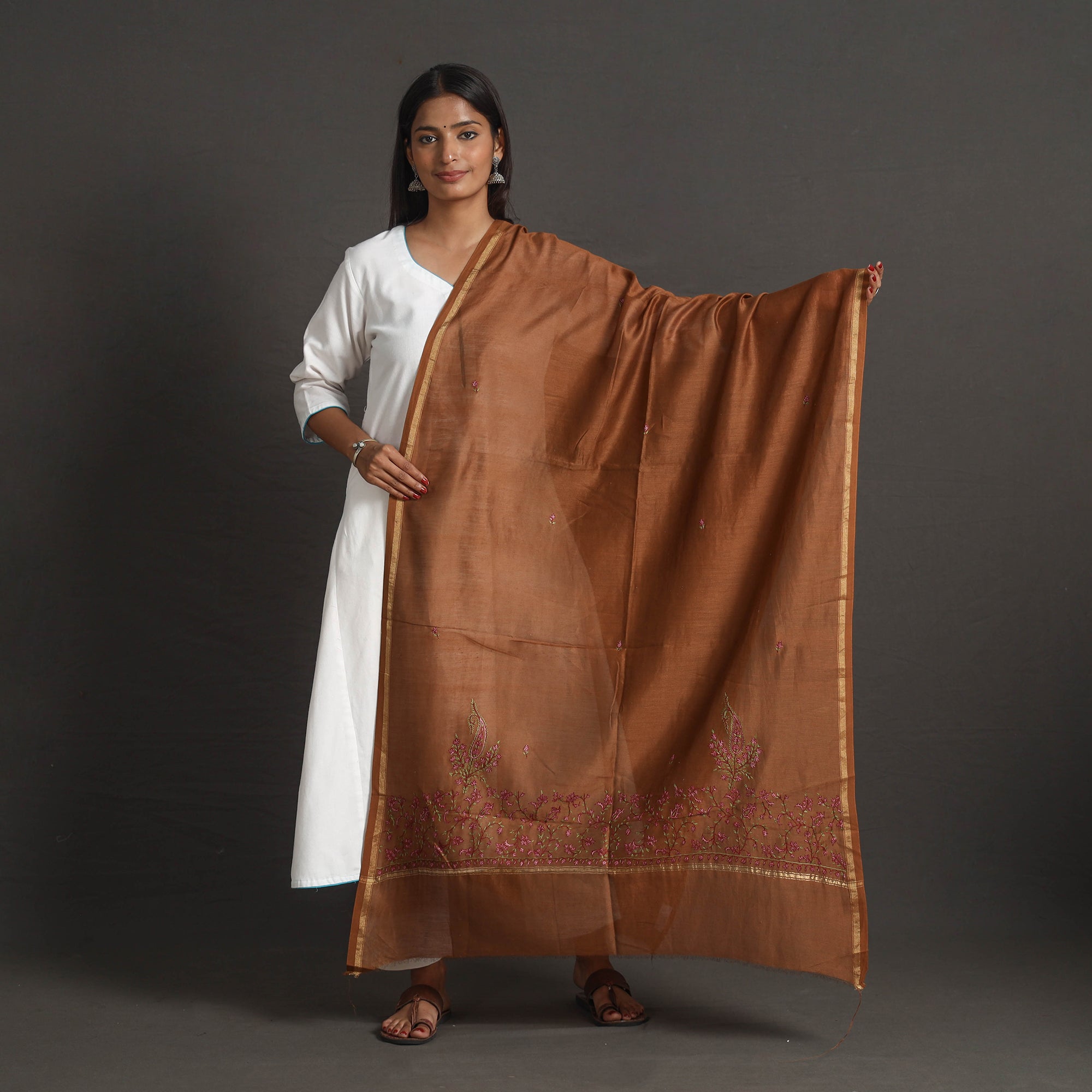 ITOKRI CRAFTS INITIATIVE Brown - Handloom Chanderi Silk Kashida Embroidery Dupatta 17