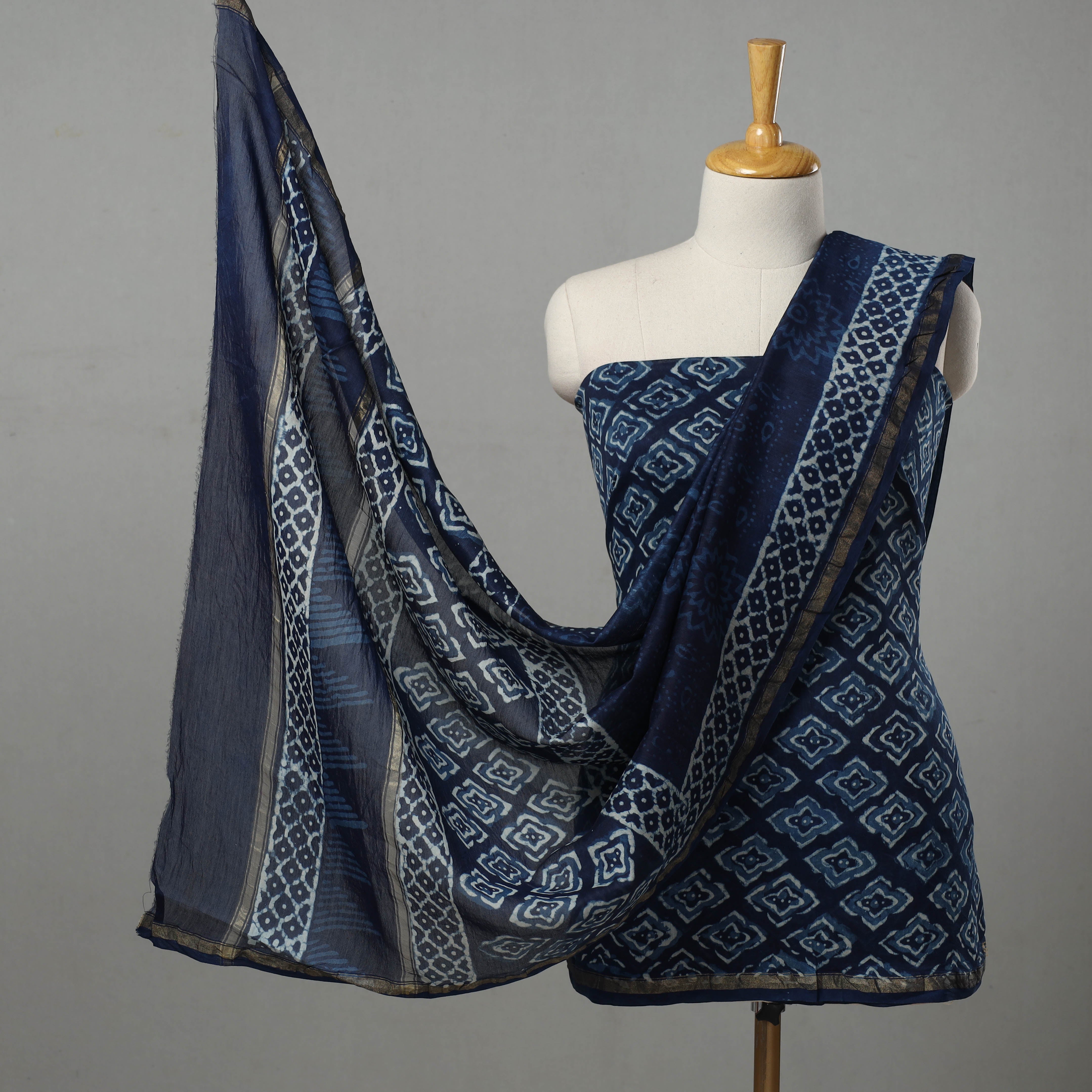 ARTISAN HAND BLOCK PRINTS Blue - 3pc Chanderi Silk Indigo Bagru Print Dress Material 02