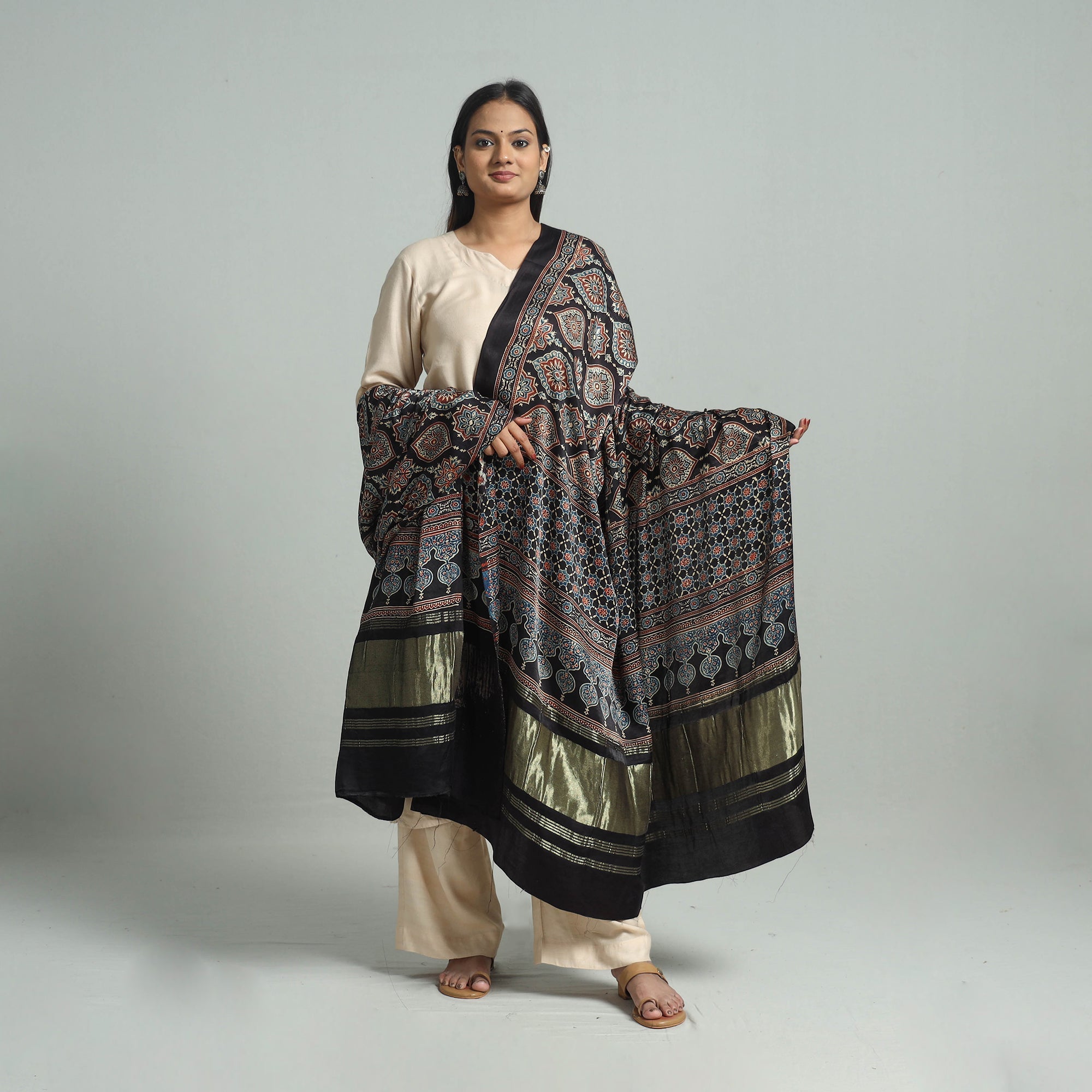 KACHCHH JI CHHAAP Black - Modal Silk Block Print Ajrakh Dupatta 85