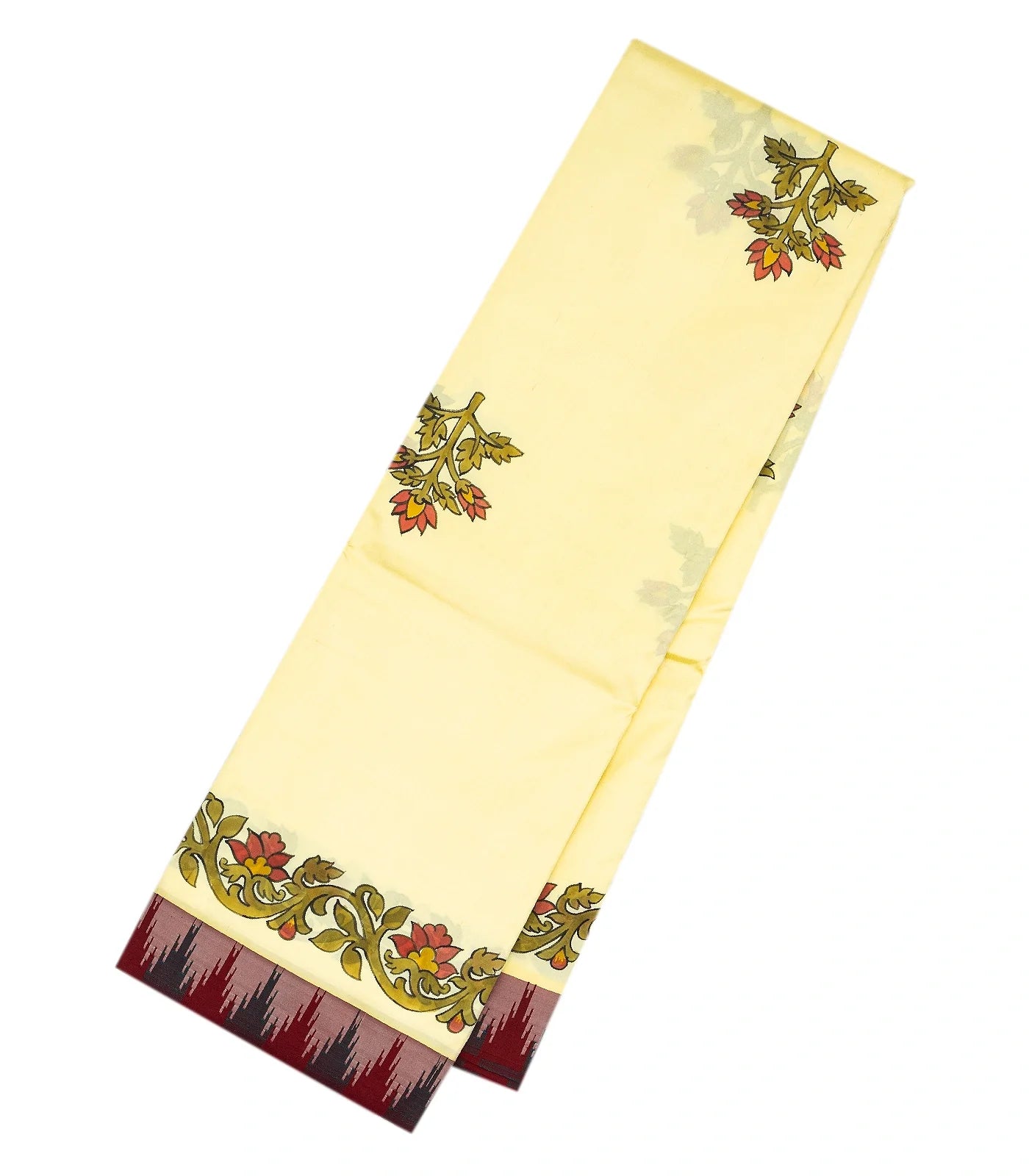 RmKV Cream Handwoven Korvai Silk Saree With Hand painted Meena Floral Motifs