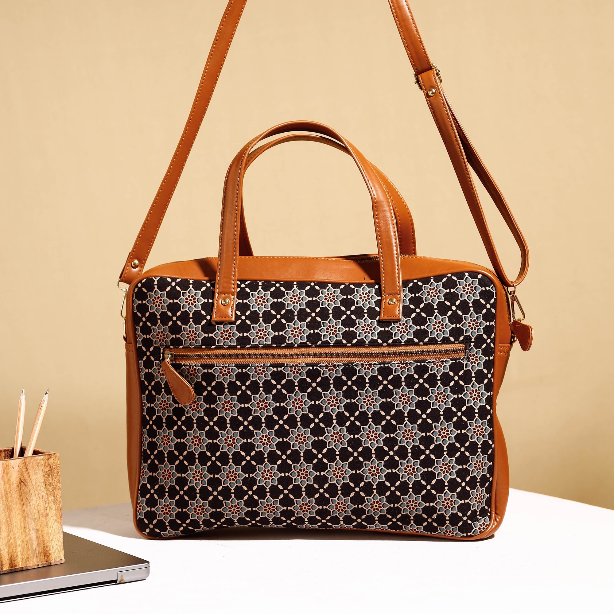 ITOKRI CRAFTS INITIATIVE Black - Handcrafted Ajrakh Block Printed Cotton Laptop Bag (15 x 13 in) - view 3