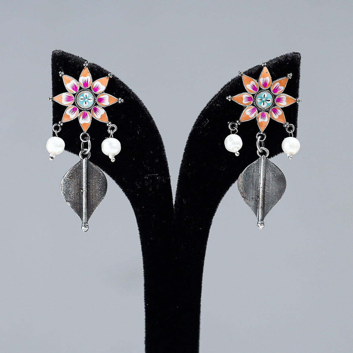 WHITE RIVER STORIES Antique Silver Finish Oxidised Brass Base Enamel Work Earrings - view 2