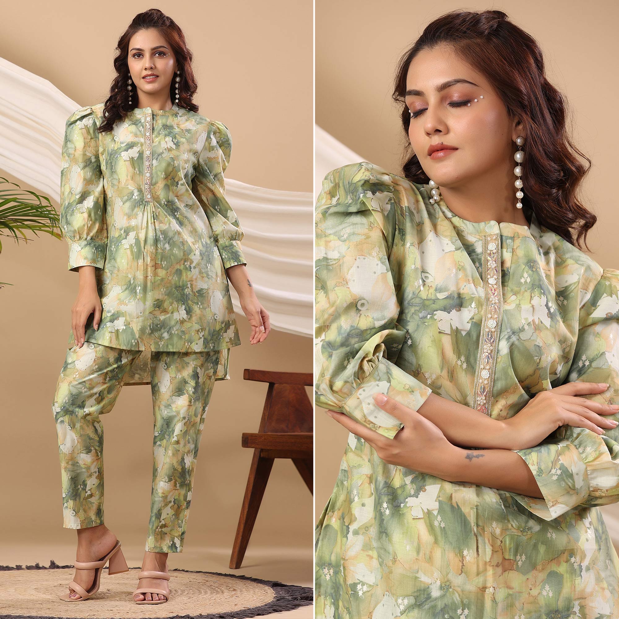 Green co-ords – BlackTree green-floral-printed-cotton-silk-co-ord-set