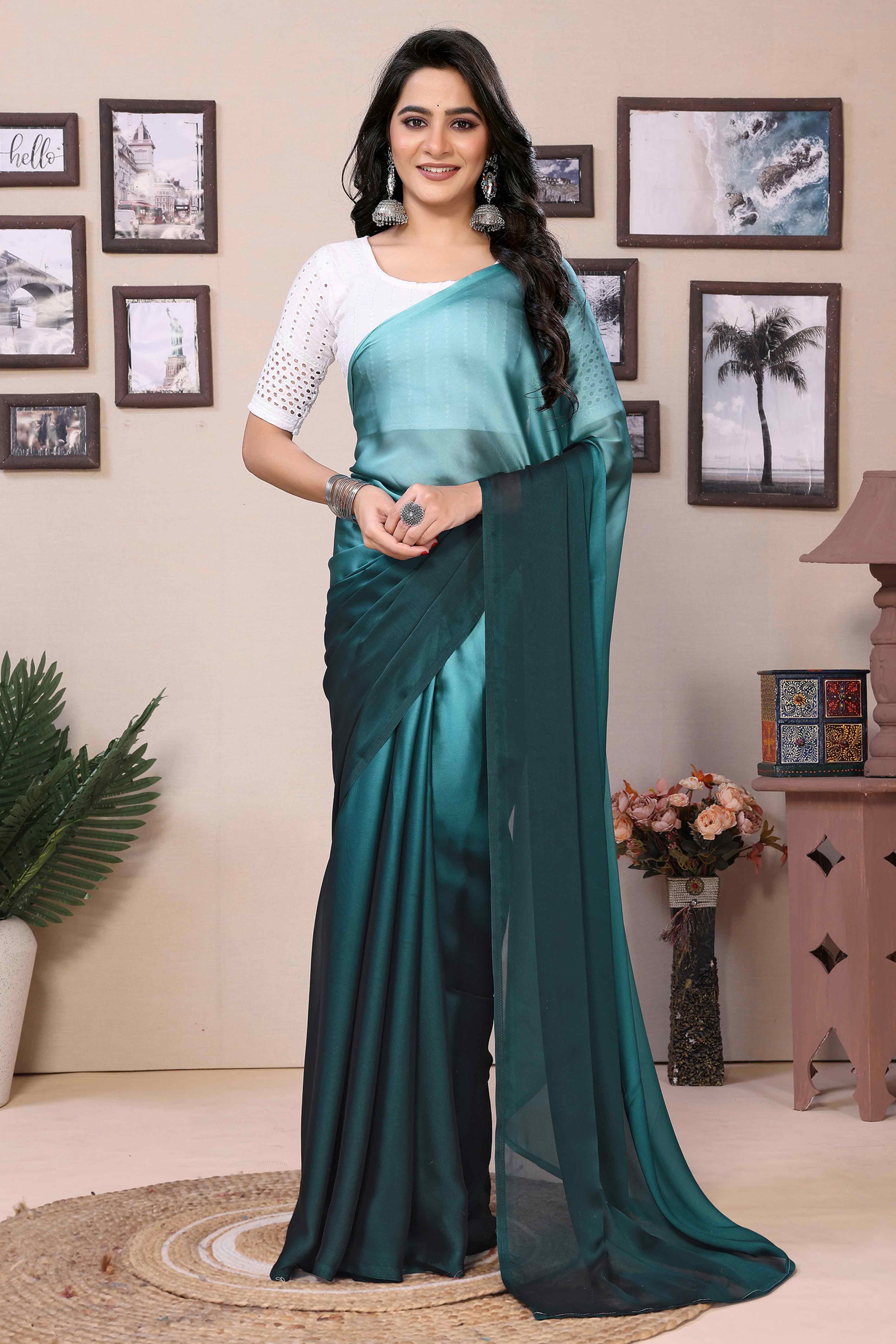 Peachmode Seller Morpich Green Solid Satin Ready To Wear Ombre Saree