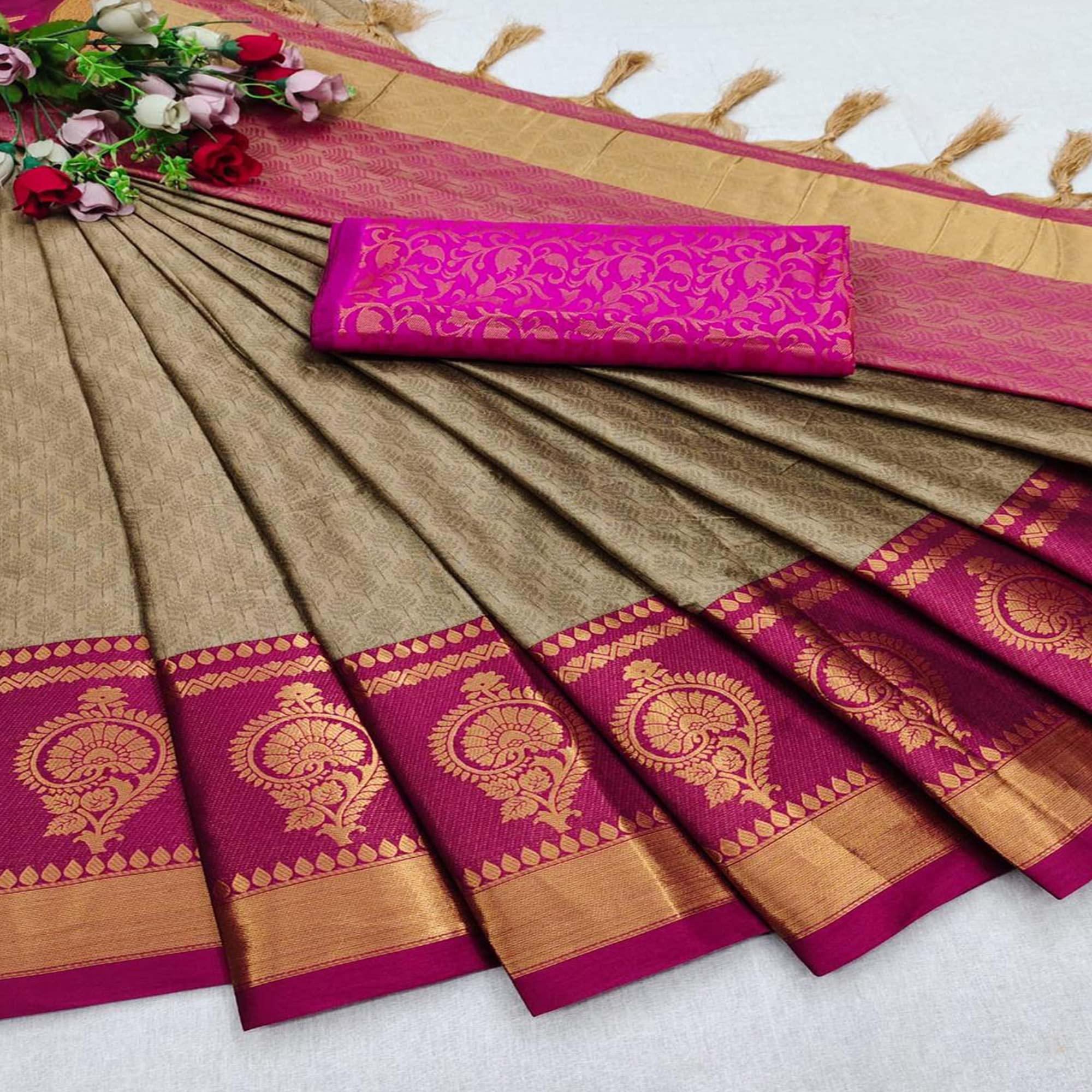 Peachmode Chikoo Festive Wear Woven Heavy Rich Cotton Silk Saree