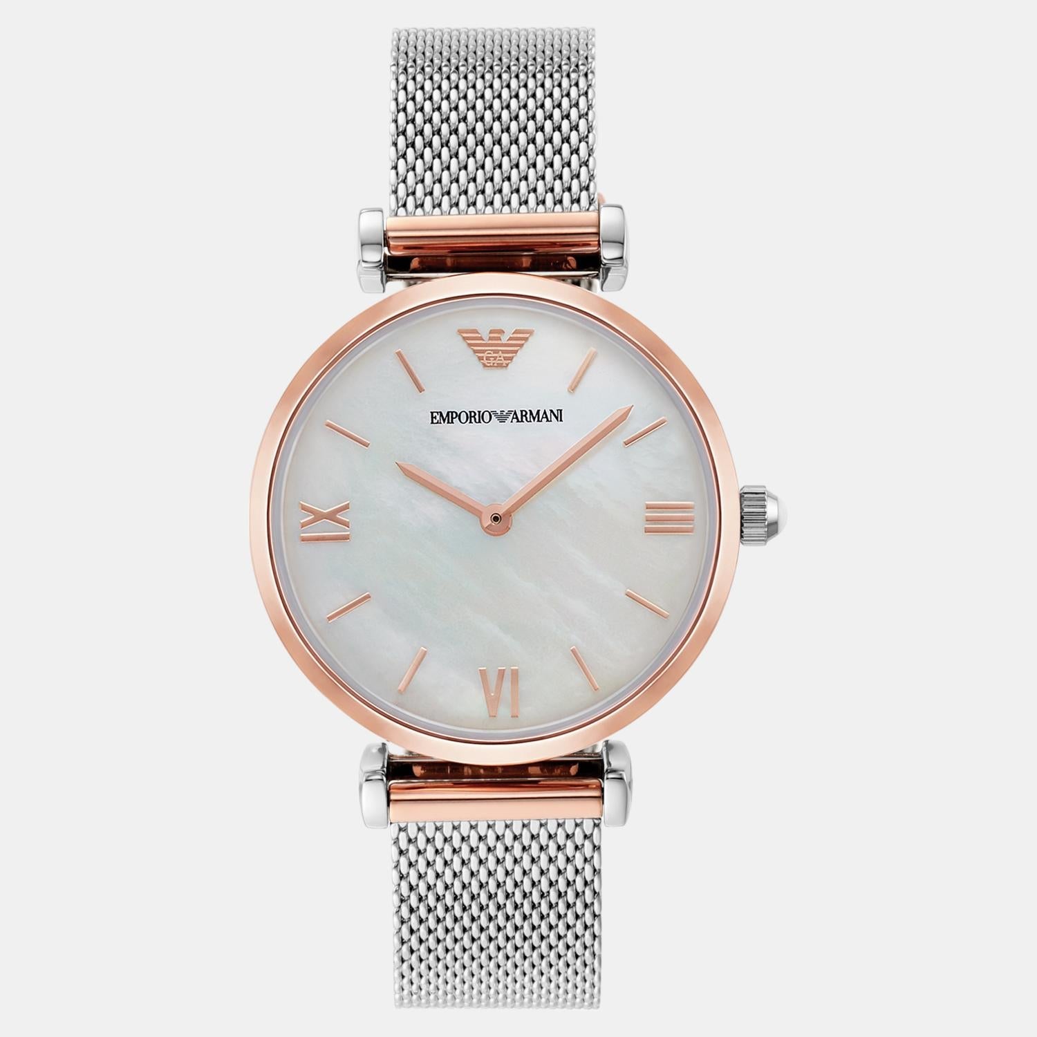 Emporio Armani Gianni T-Bar Women Quartz White Mother Of Pearl Dial Analog Stainless Steel Watch AR2067