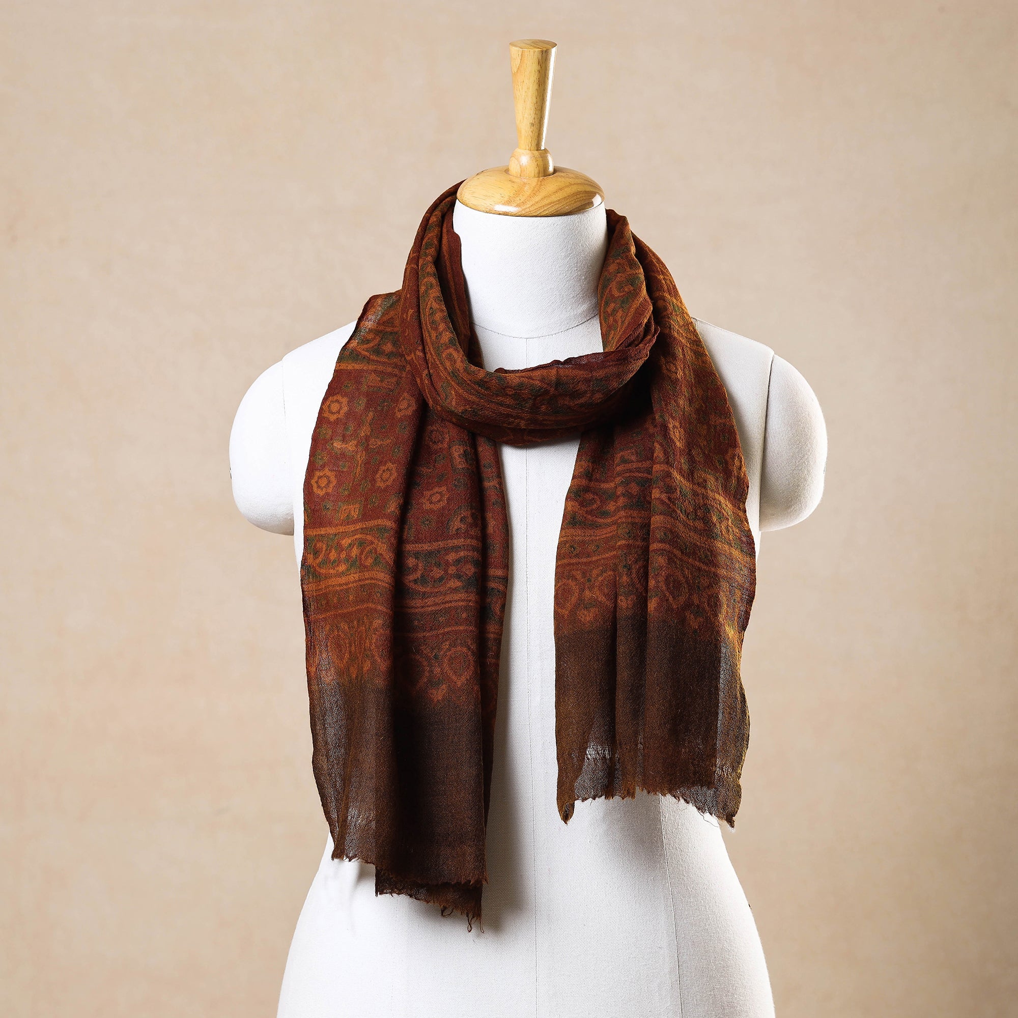 AJRAKH BY JABBAR KHATRI Brown - Ajrakh Hand Block Printed Pure Woolen Stole